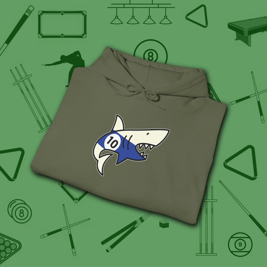 Pool Shark Hoodie, in Military Green color, billiards shirt, folded view