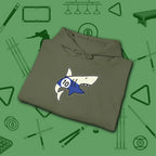 Pool Shark Hoodie, in Military Green color, billiards shirt, folded view