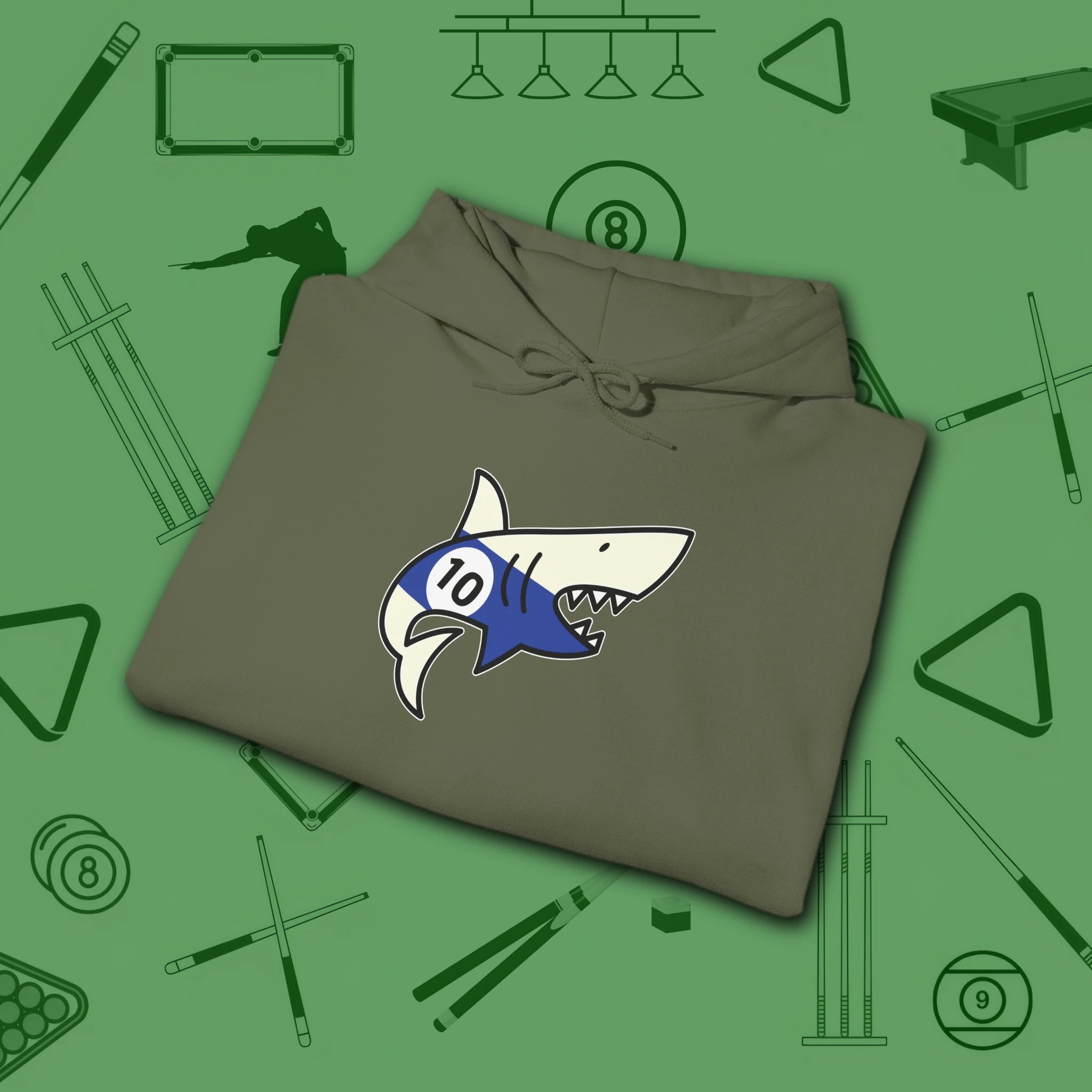 Pool Shark Hoodie, in Military Green color, billiards shirt, folded view