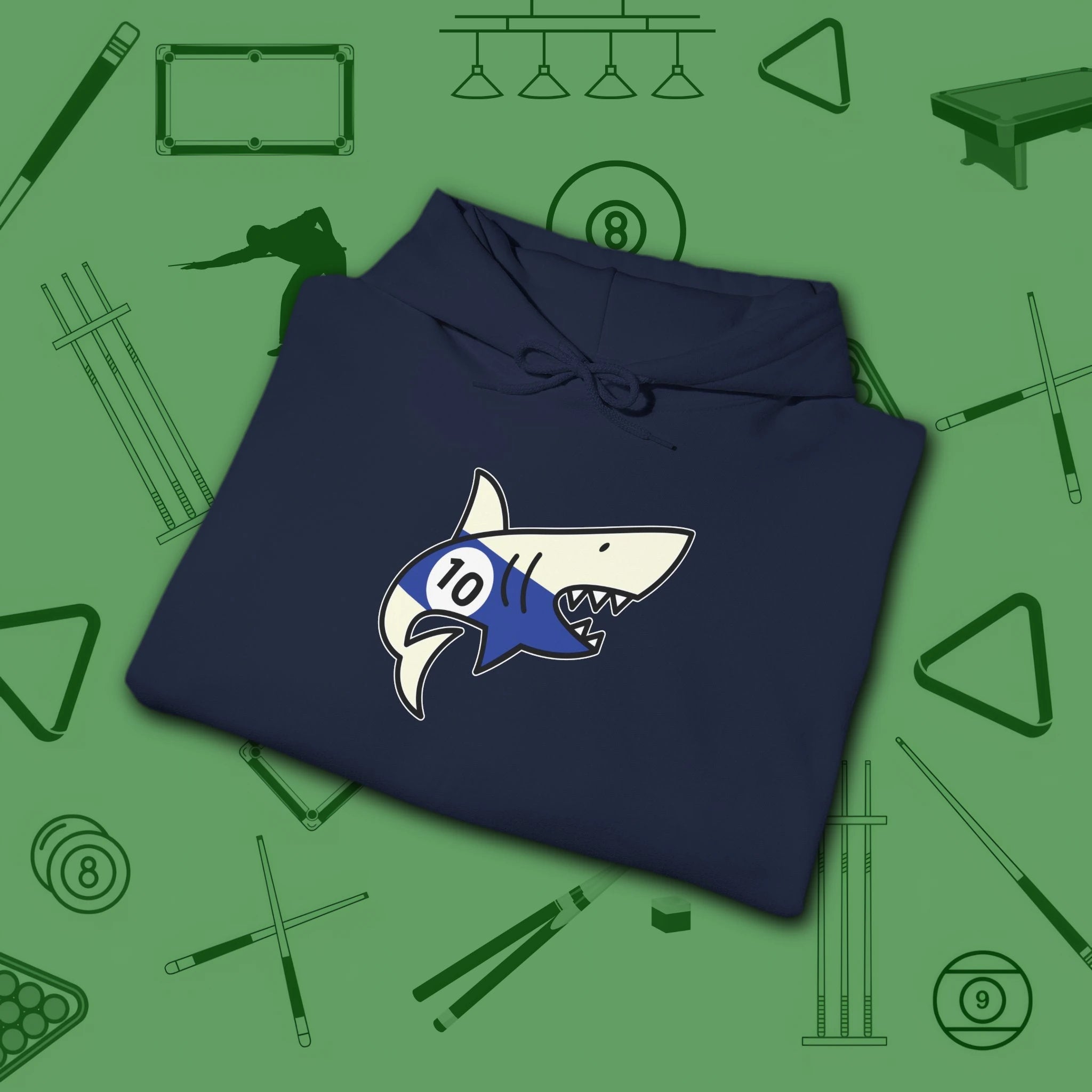 Pool Shark Hoodie, in Navy color, billiards shirt, folded view
