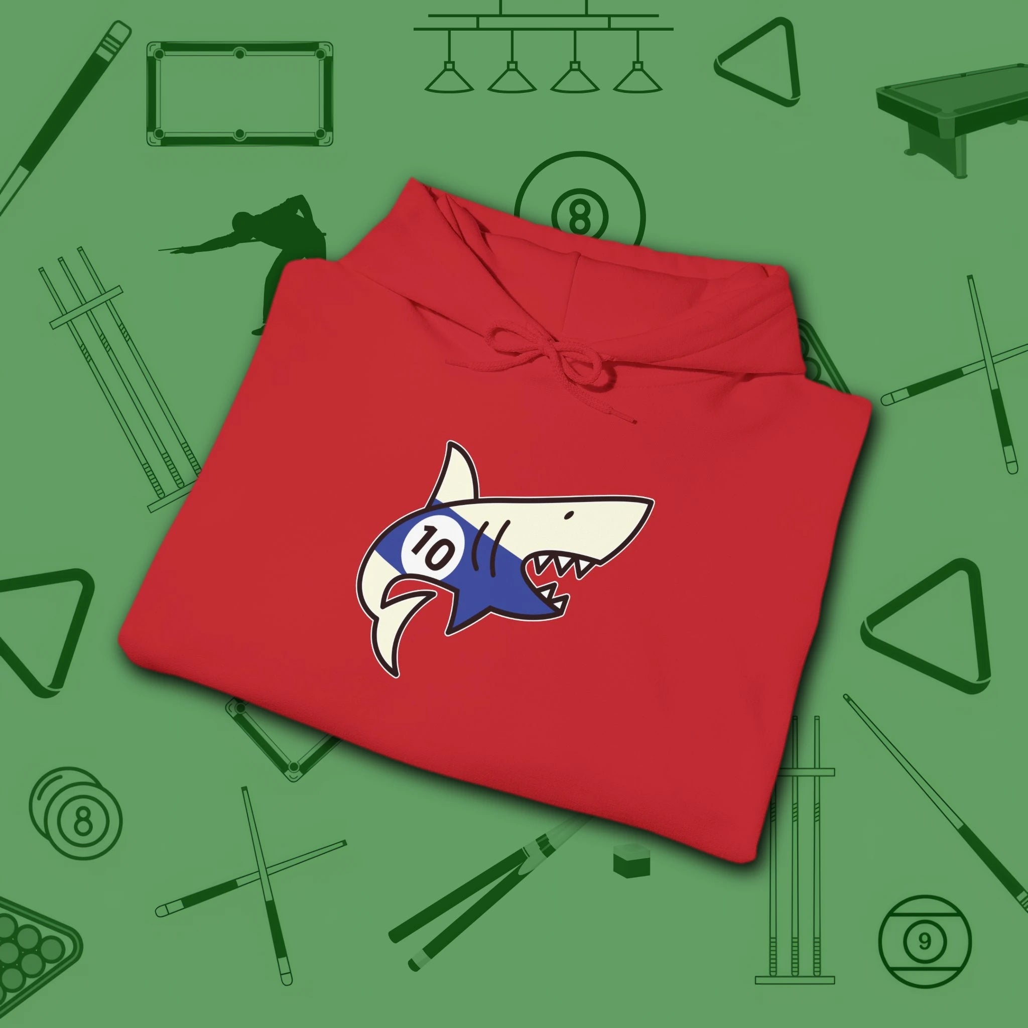 Pool Shark Hoodie, in Red color, billiards shirt, folded view
