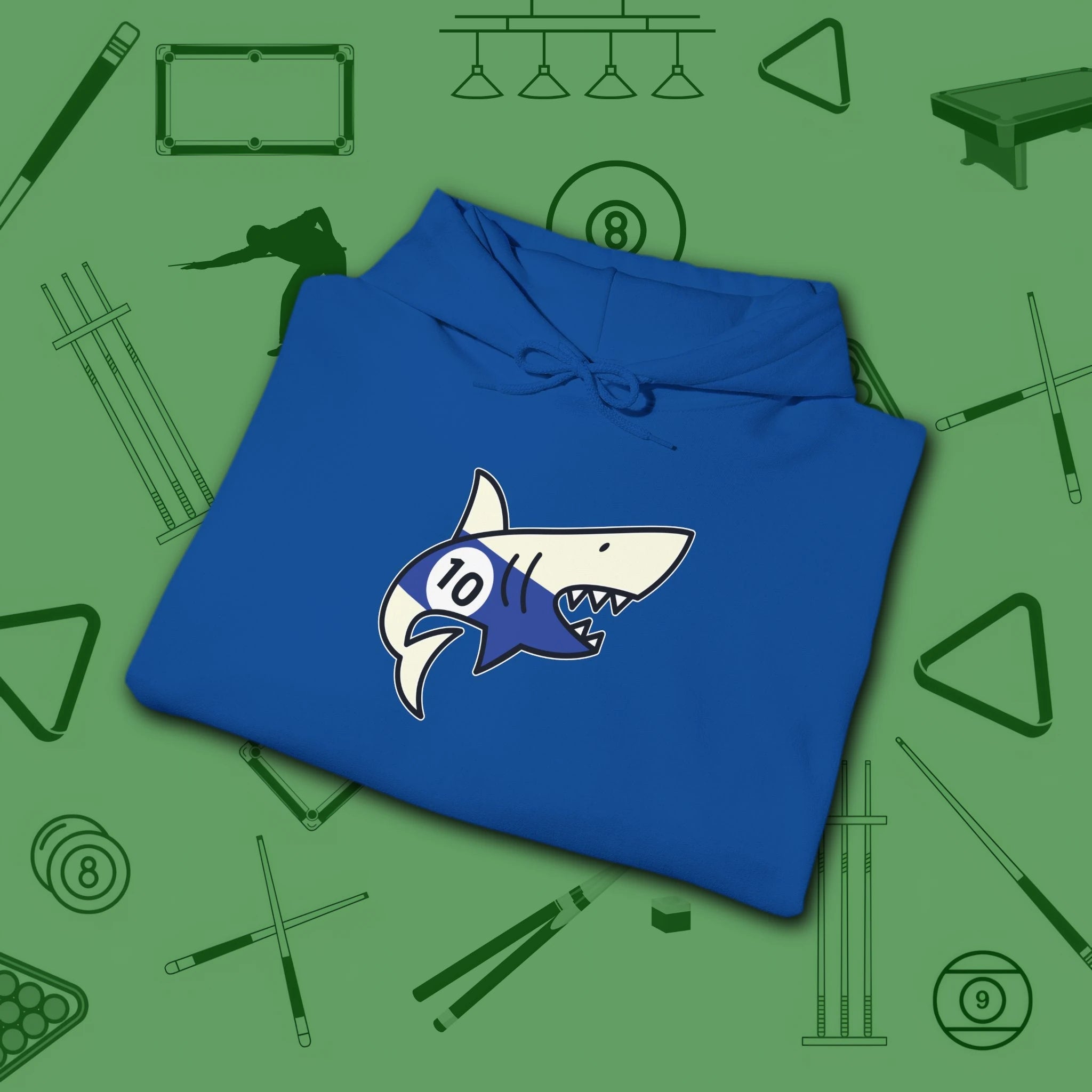 Pool Shark Hoodie, in Royal color, billiards shirt, folded view