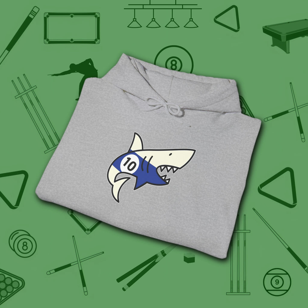 Pool Shark Hoodie, in Sport Grey color, billiards shirt, folded view