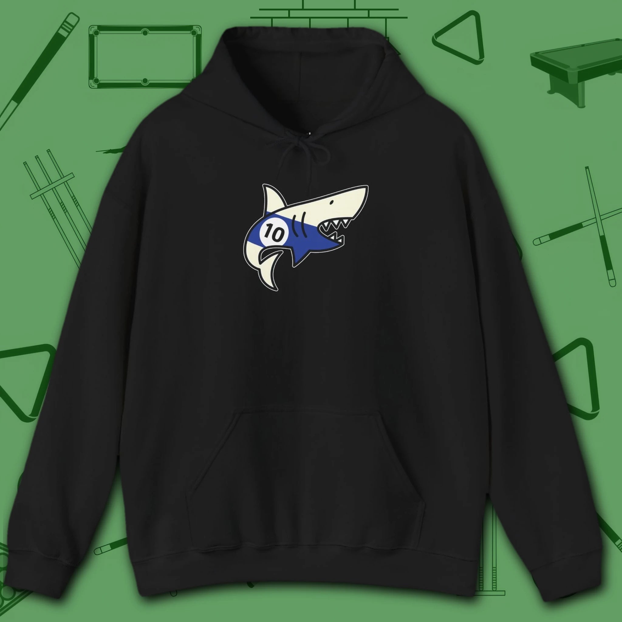 Pool Shark Hoodie, in Black color, billiards shirt, front view