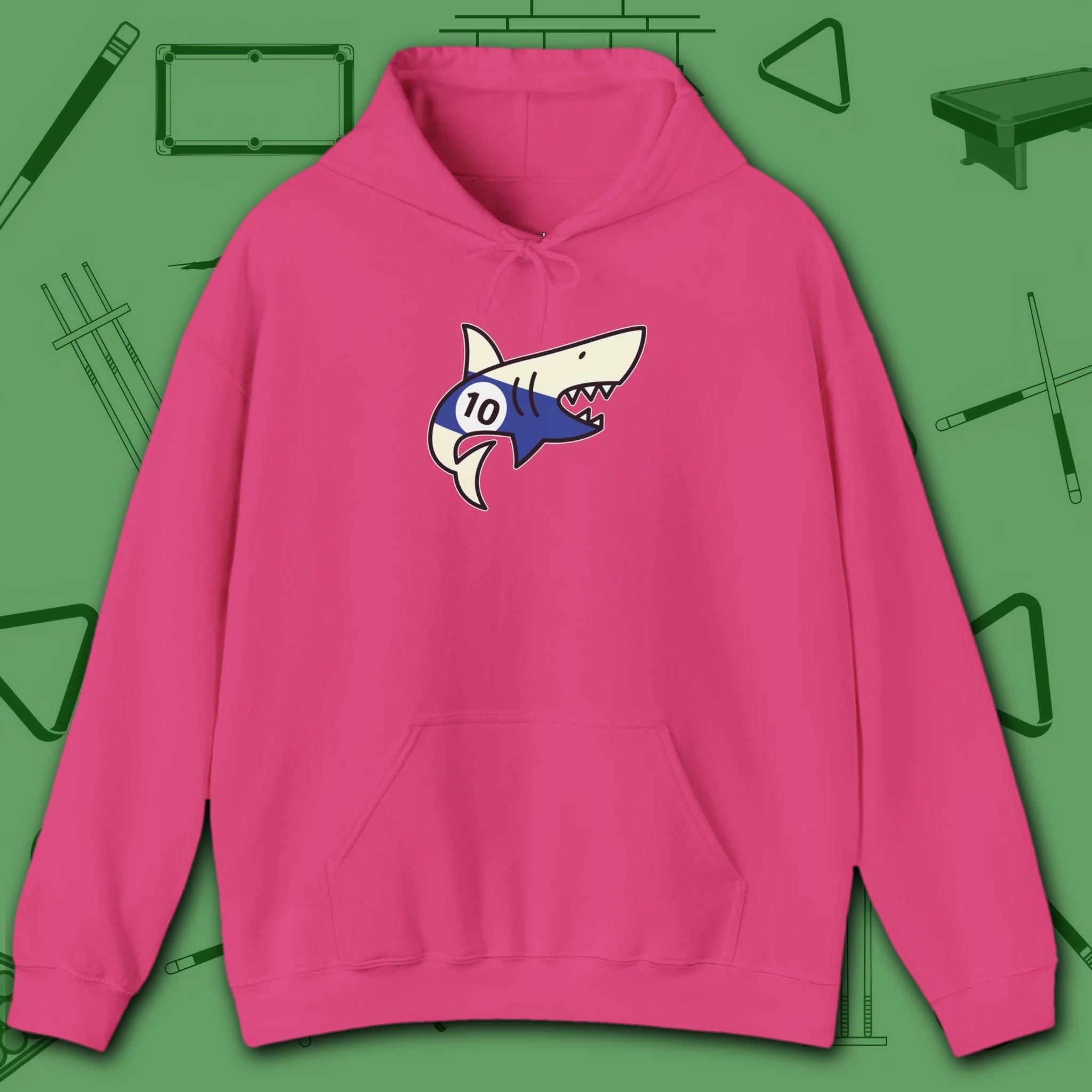 Pool Shark Hoodie, in Heliconia color, billiards shirt, front view