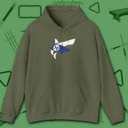 Pool Shark Hoodie, in Military Green color, billiards shirt, front view
