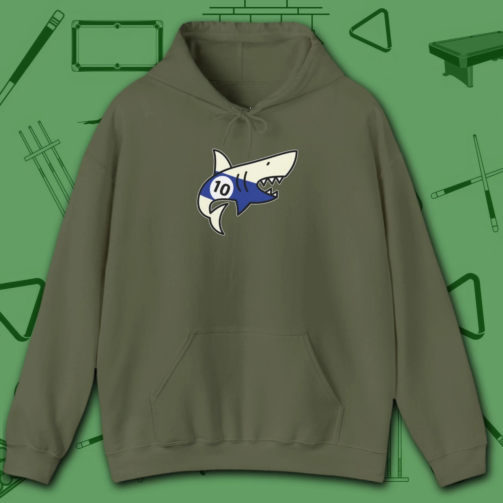 Pool Shark Hoodie, in Military Green color, billiards shirt, front view
