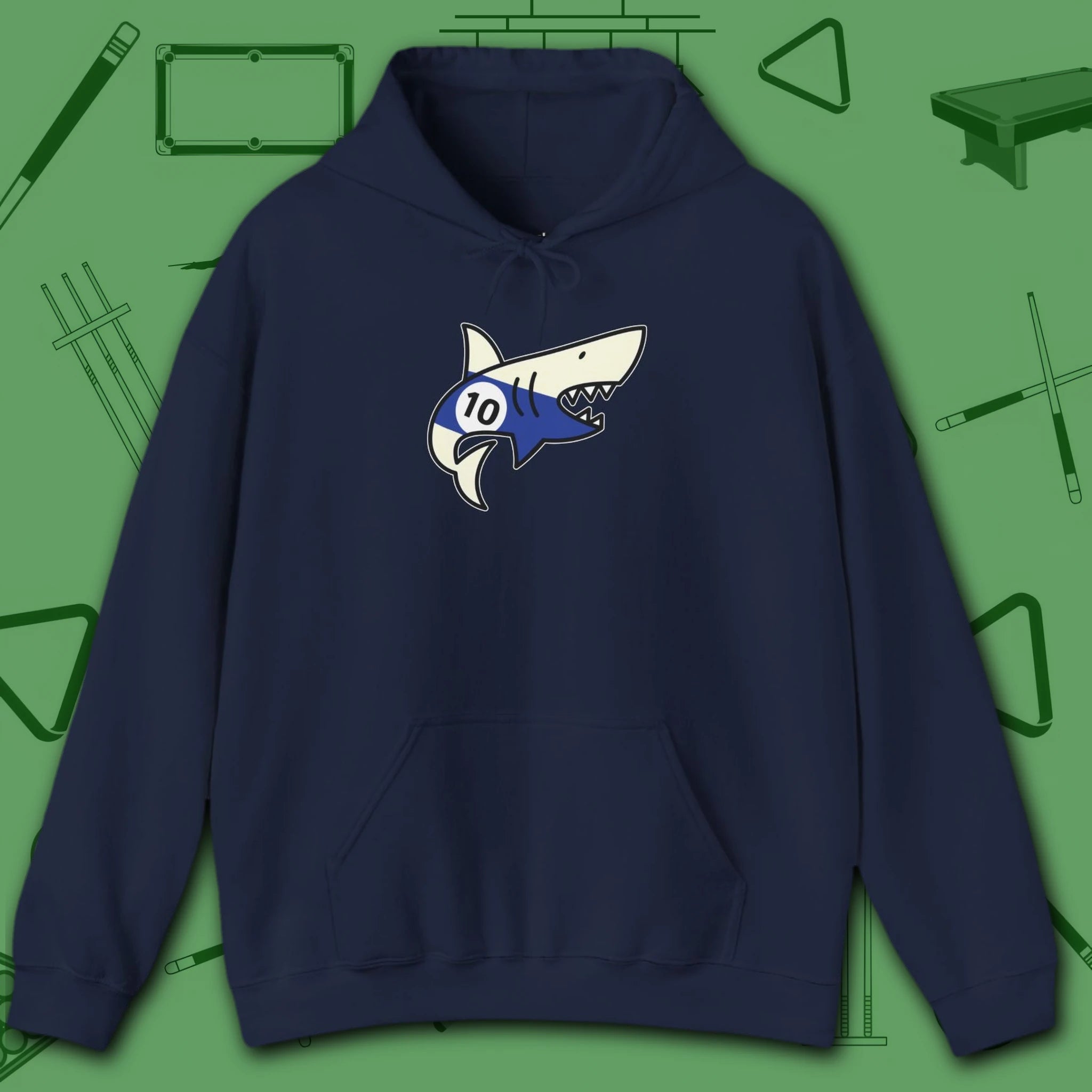 Pool Shark Hoodie, in Navy color, billiards shirt, front view
