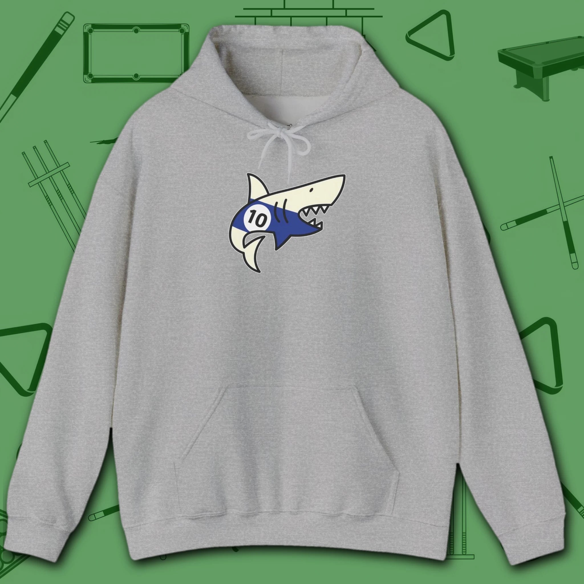 Pool Shark Hoodie, in Sport Grey color, billiards shirt, front view