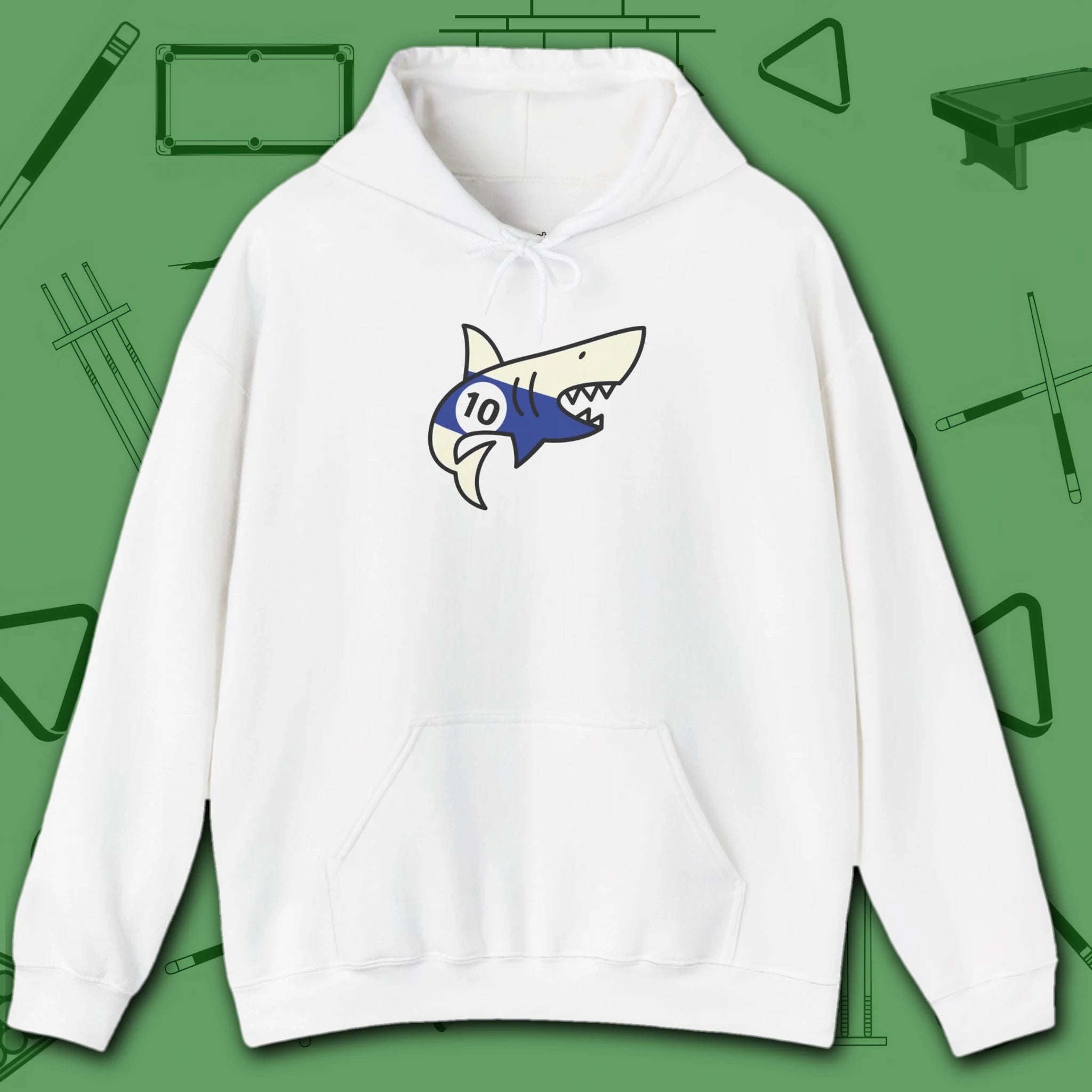 Pool Shark Hoodie, in White color, billiards shirt, front view