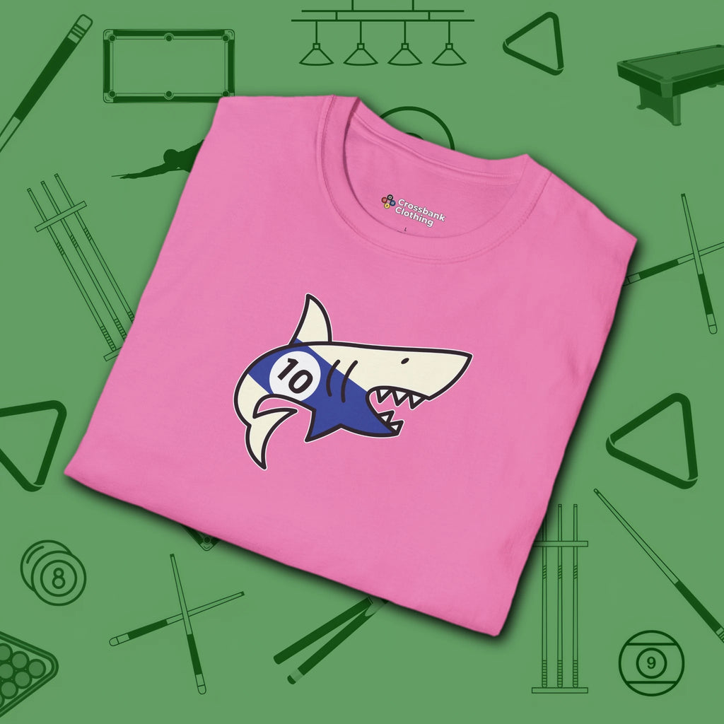Pool Shark T-Shirt, in Azalea color, billiards shirt, folded view