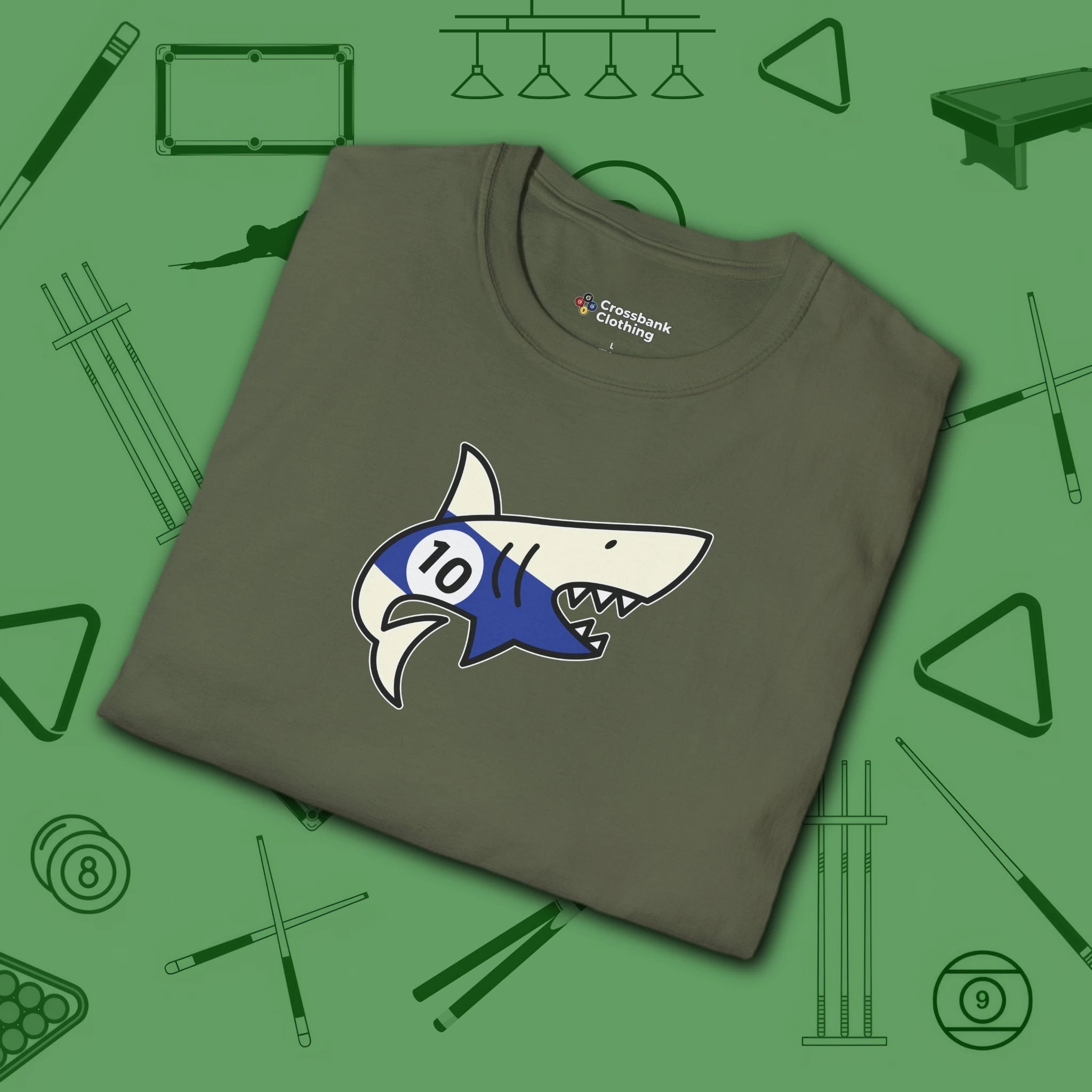 Pool Shark T-Shirt, in Military Green color, billiards shirt, folded view