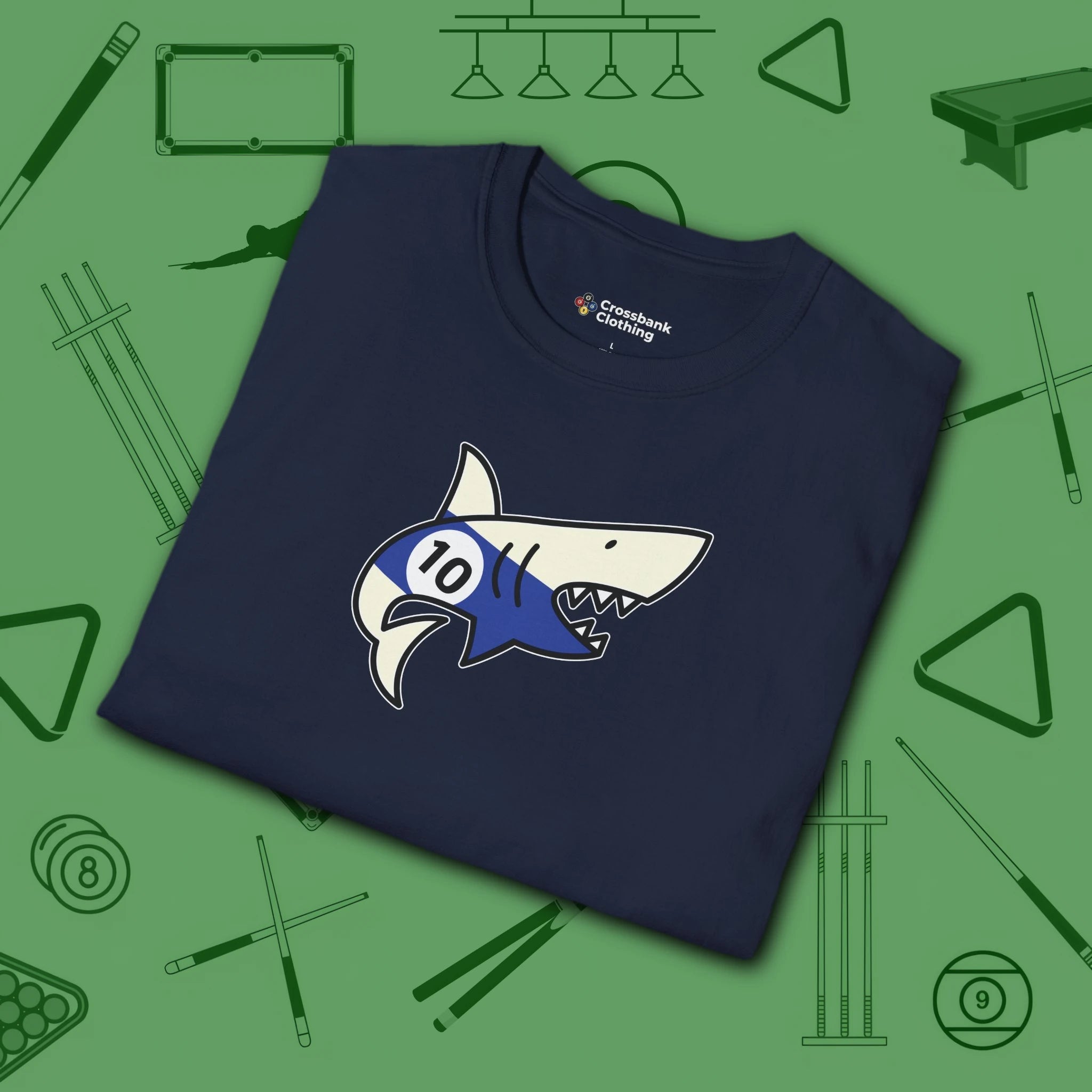 Pool Shark T-Shirt, in Navy color, billiards shirt, folded view