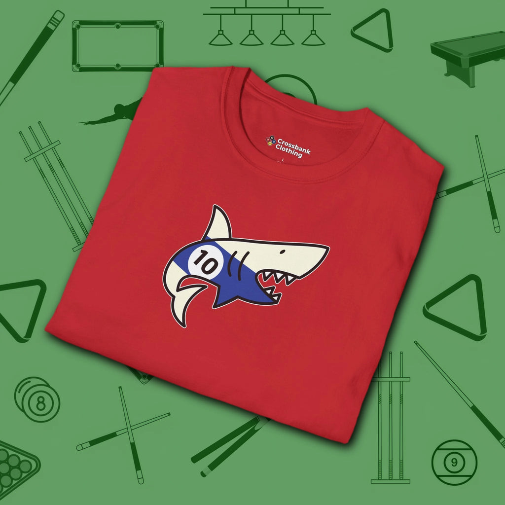 Pool Shark T-Shirt, in Red color, billiards shirt, folded view