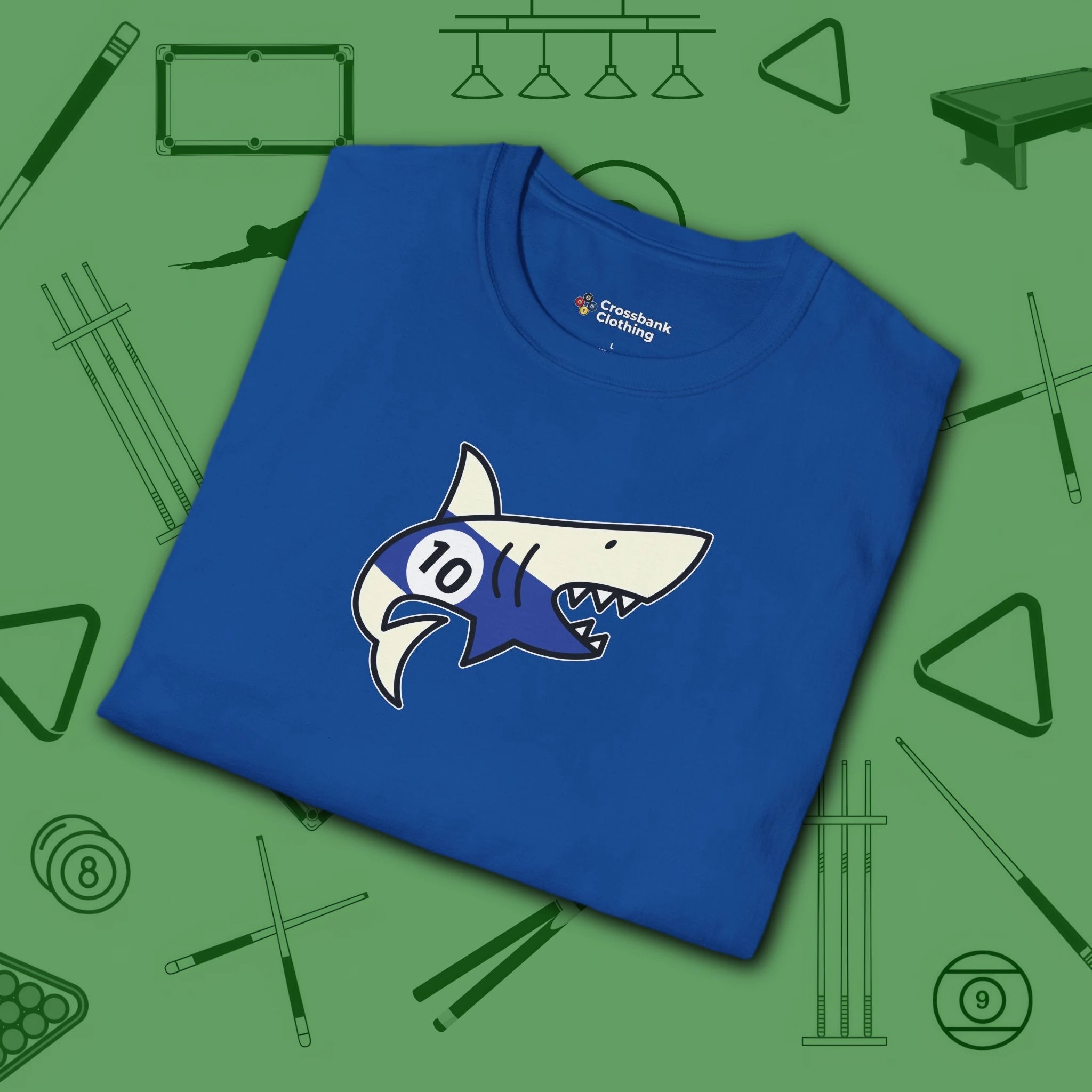 Pool Shark T-Shirt, in Royal color, billiards shirt, folded view