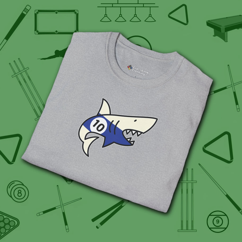 Pool Shark T-Shirt, in Sport Grey color, billiards shirt, folded view