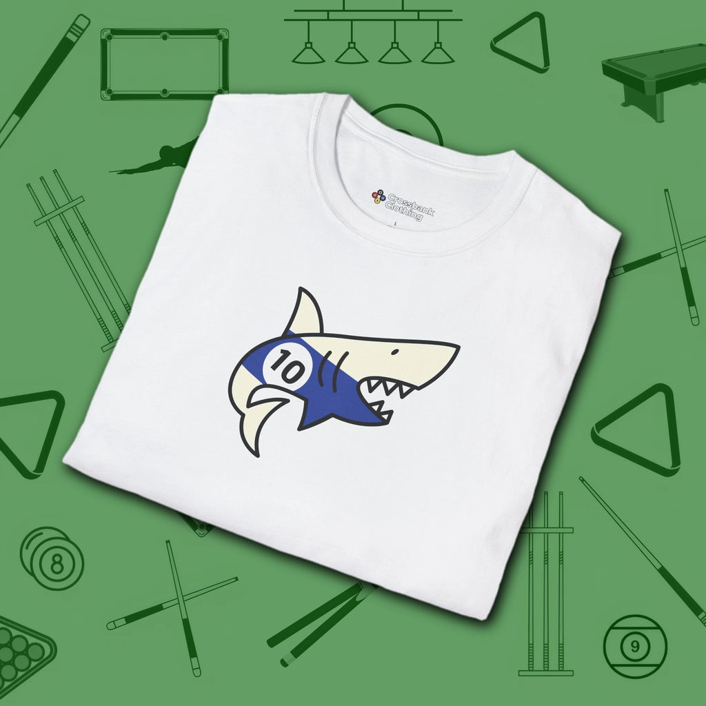 Pool Shark T-Shirt, in White color, billiards shirt, folded view