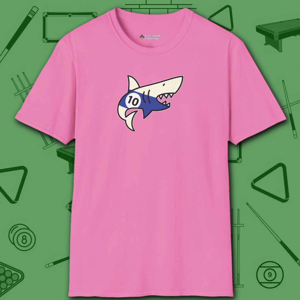 Pool Shark T-Shirt, in Azalea color, billiards shirt, front view