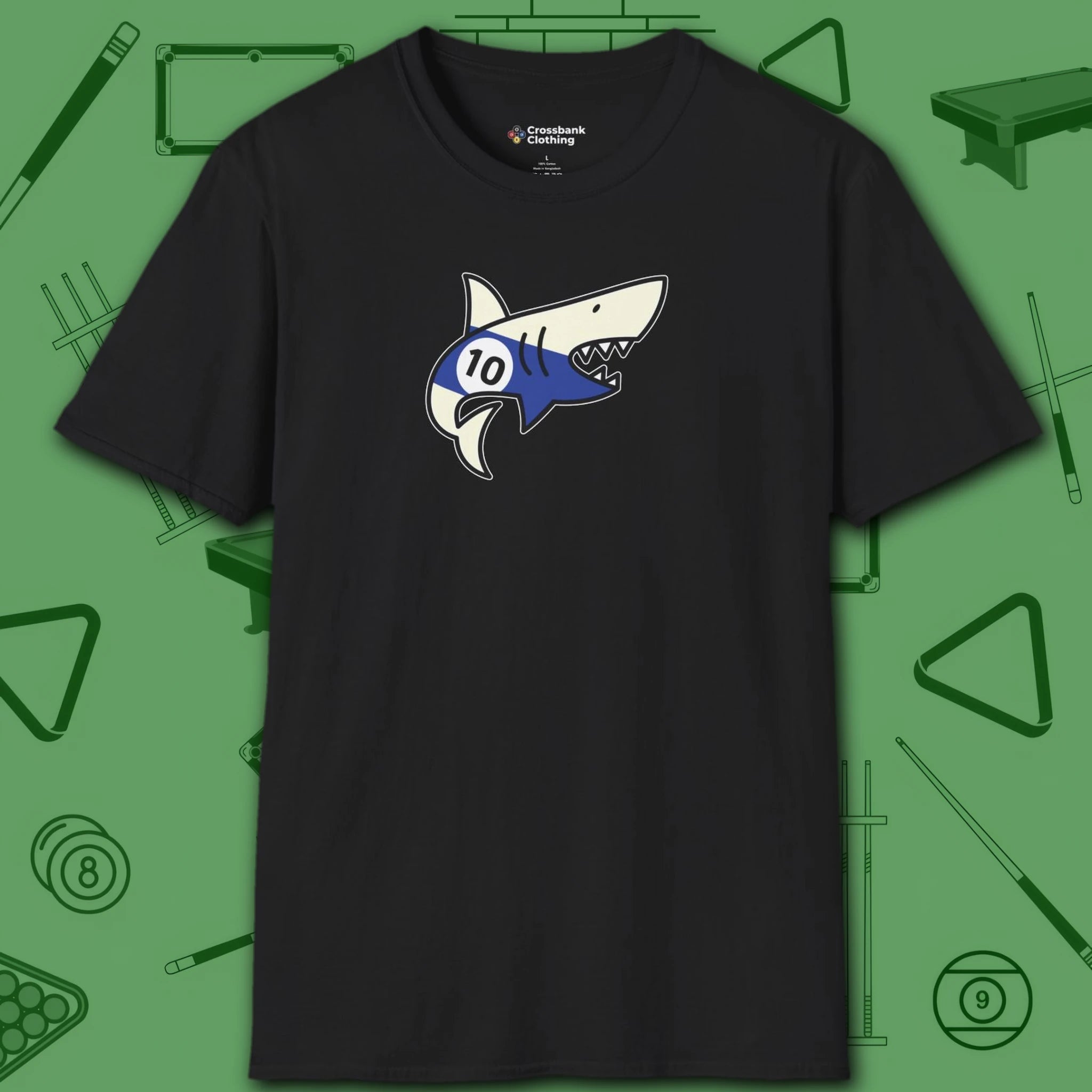 Pool Shark T-Shirt, in Black color, billiards shirt, front view