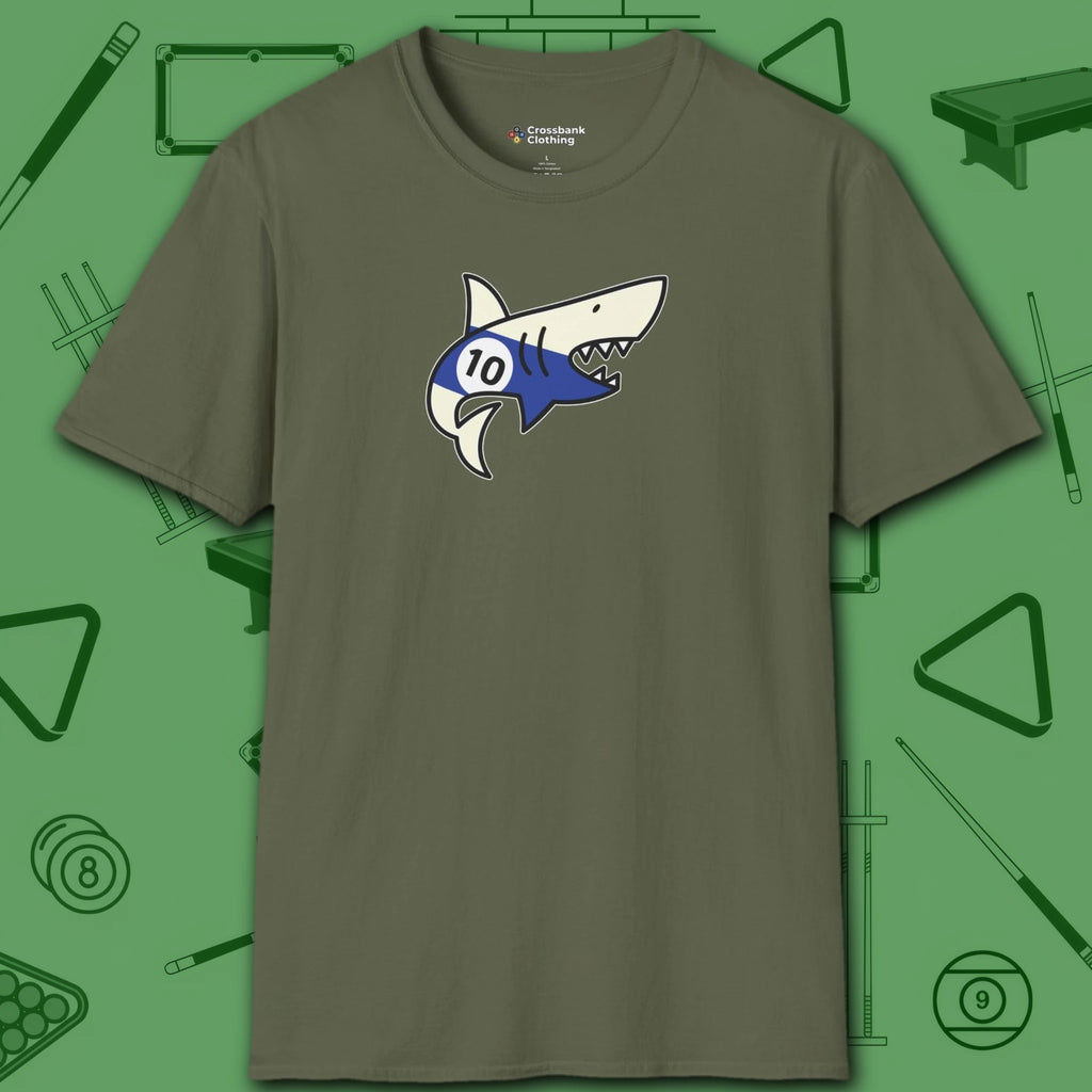 Pool Shark T-Shirt, in Military Green color, billiards shirt, front view