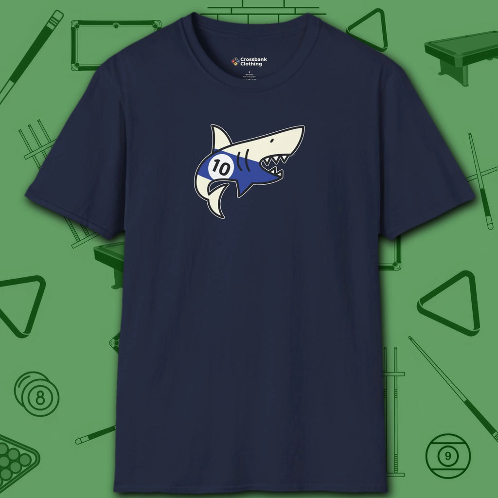 Pool Shark T-Shirt, in Navy color, billiards shirt, front view