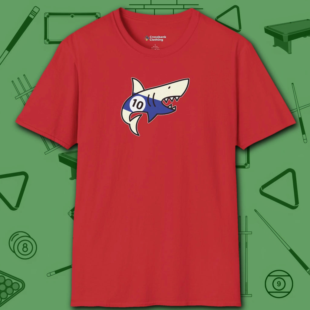 Pool Shark T-Shirt, in Red color, billiards shirt, front view