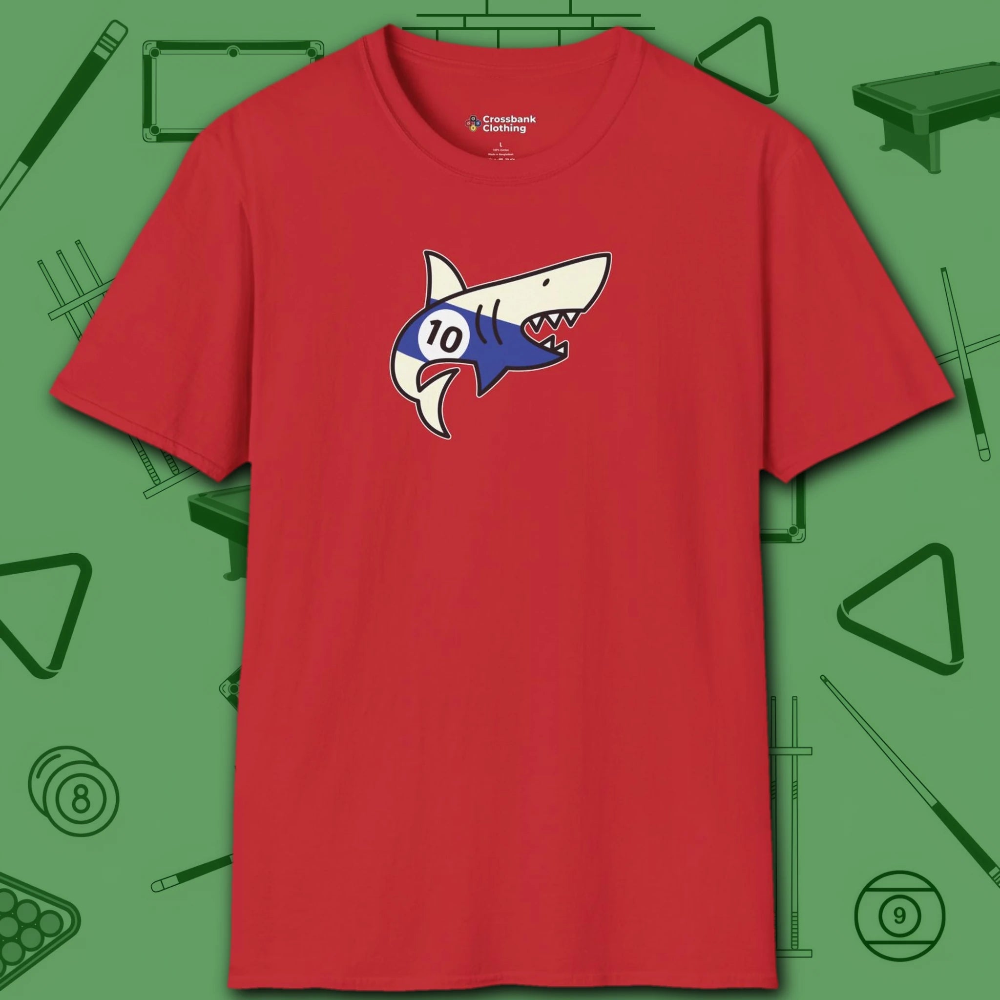 Pool Shark T-Shirt, in Red color, billiards shirt, front view