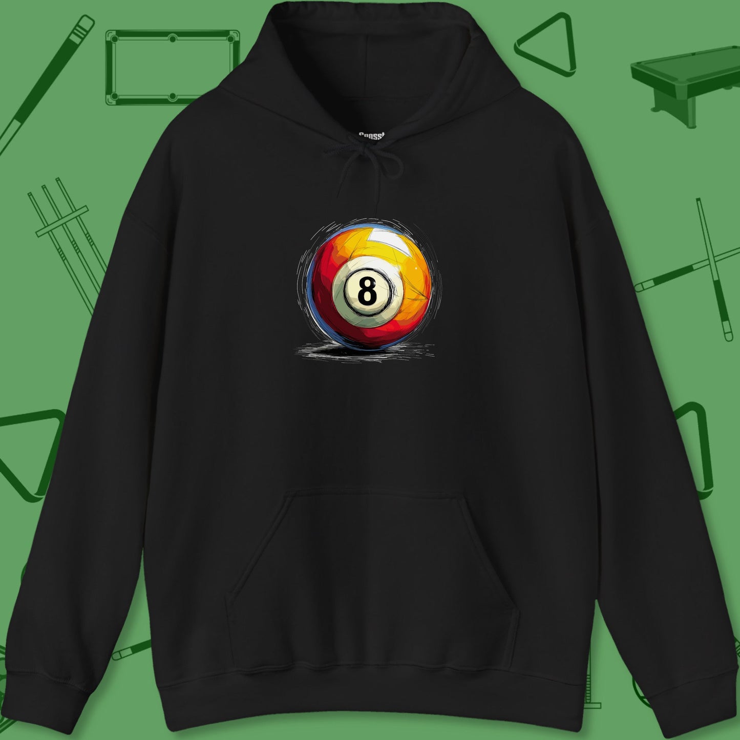 A Hoodie with billiards-themed design from Crossbank Clothing