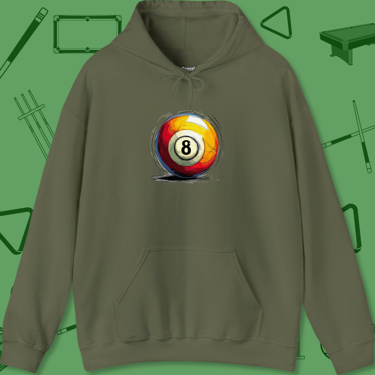 A Hoodie with billiards-themed design from Crossbank Clothing