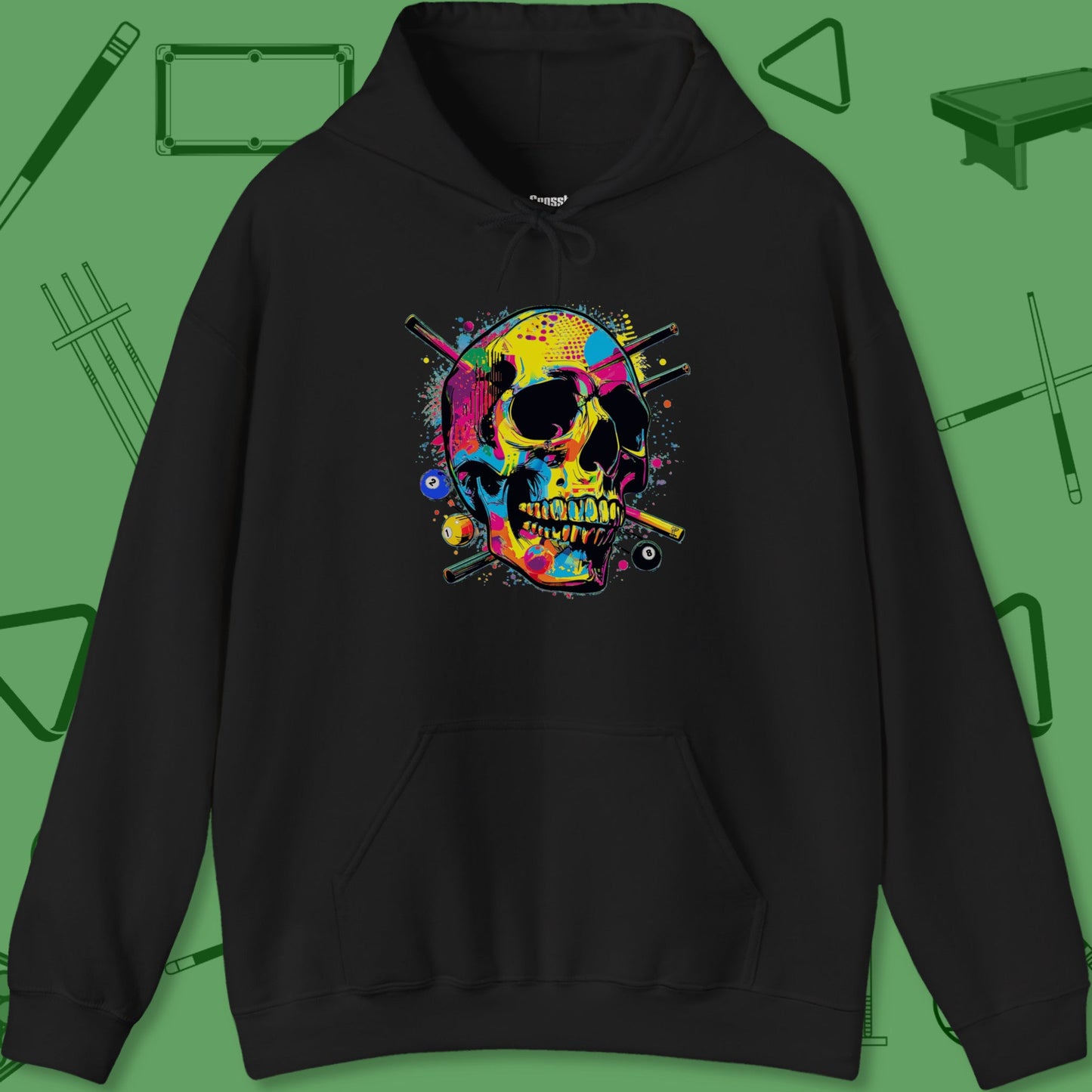 A Hoodie with billiards-themed design from Crossbank Clothing