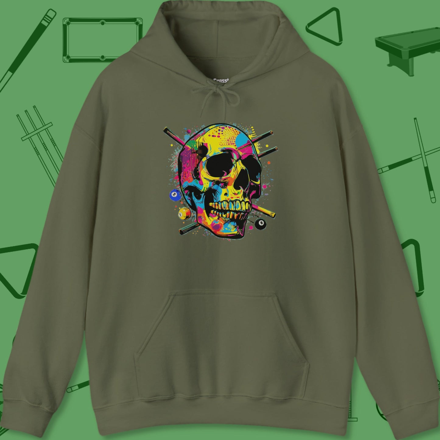 A Hoodie with billiards-themed design from Crossbank Clothing