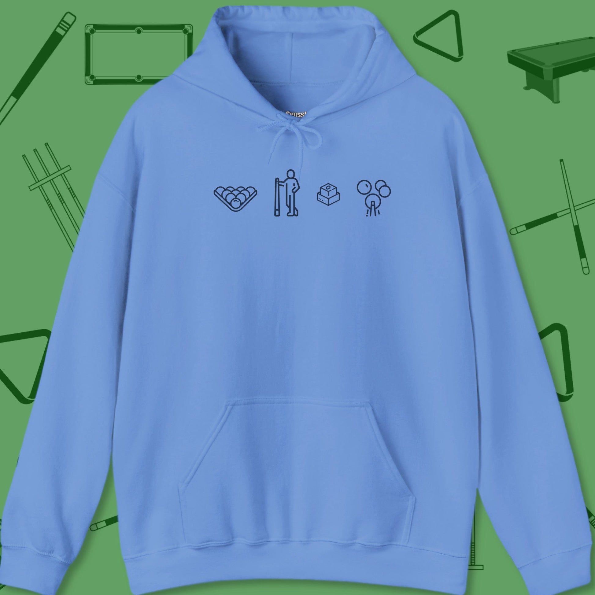 A Hoodie with billiards-themed design from Crossbank Clothing