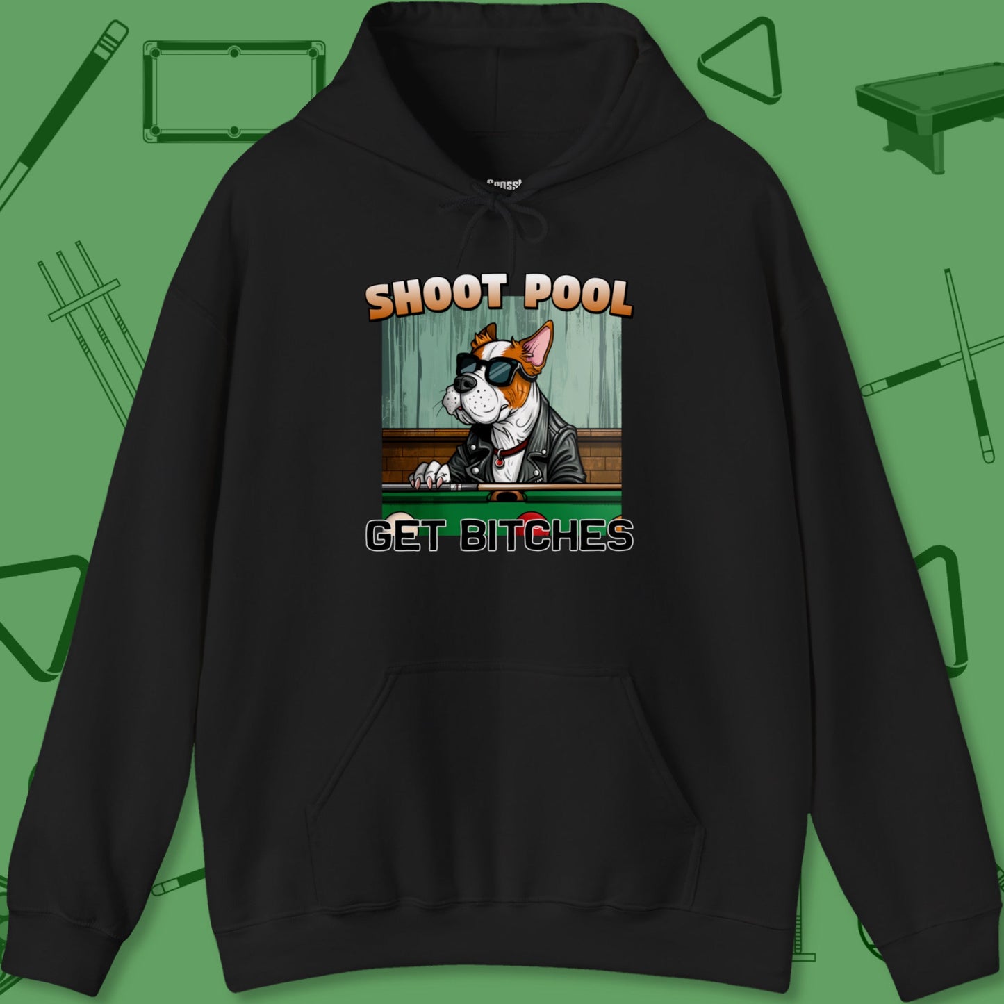 A Hoodie with billiards-themed design from Crossbank Clothing