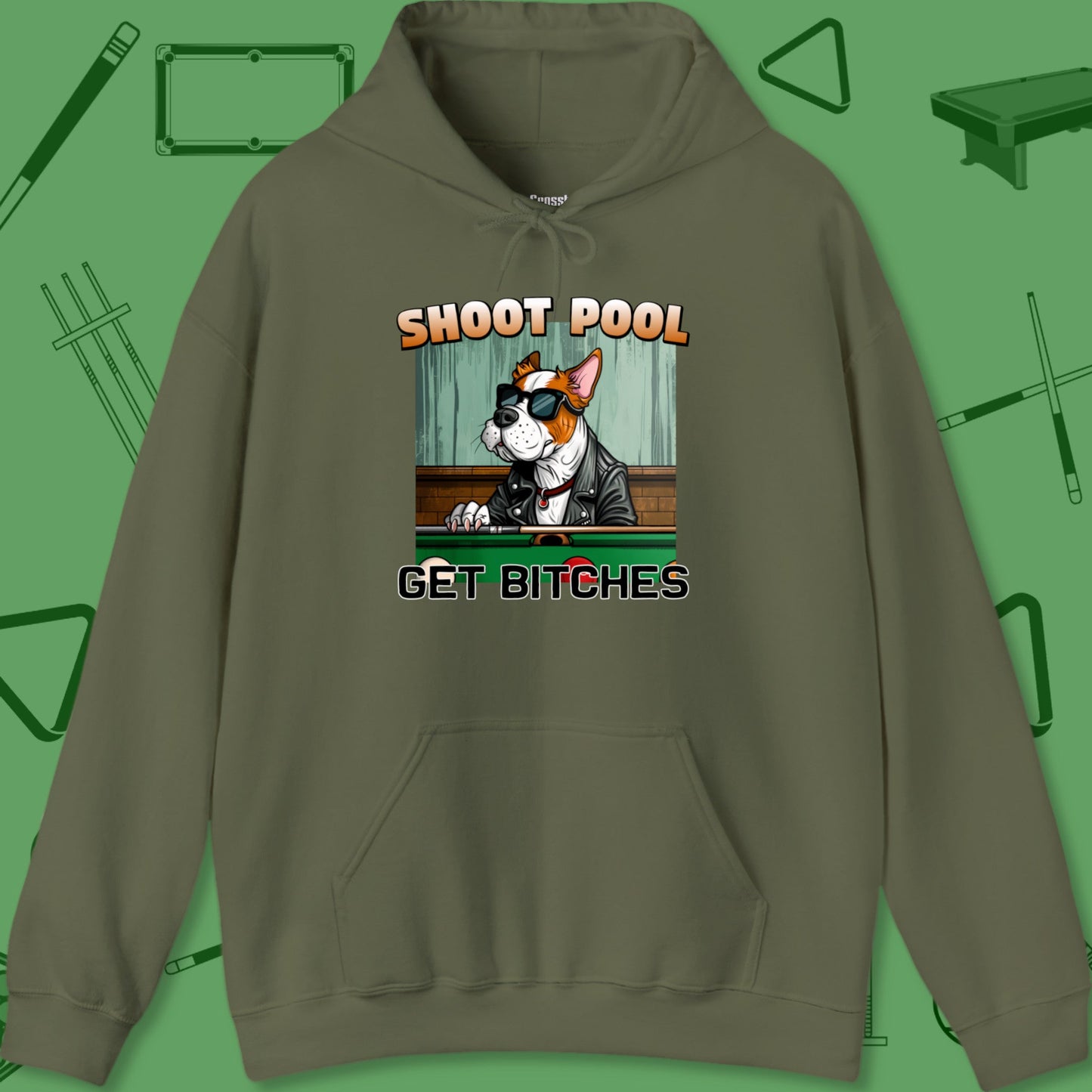 A Hoodie with billiards-themed design from Crossbank Clothing