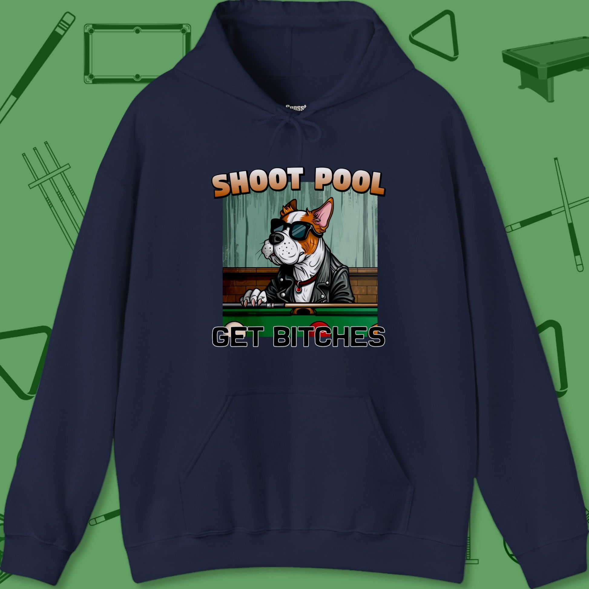 A Hoodie with billiards-themed design from Crossbank Clothing