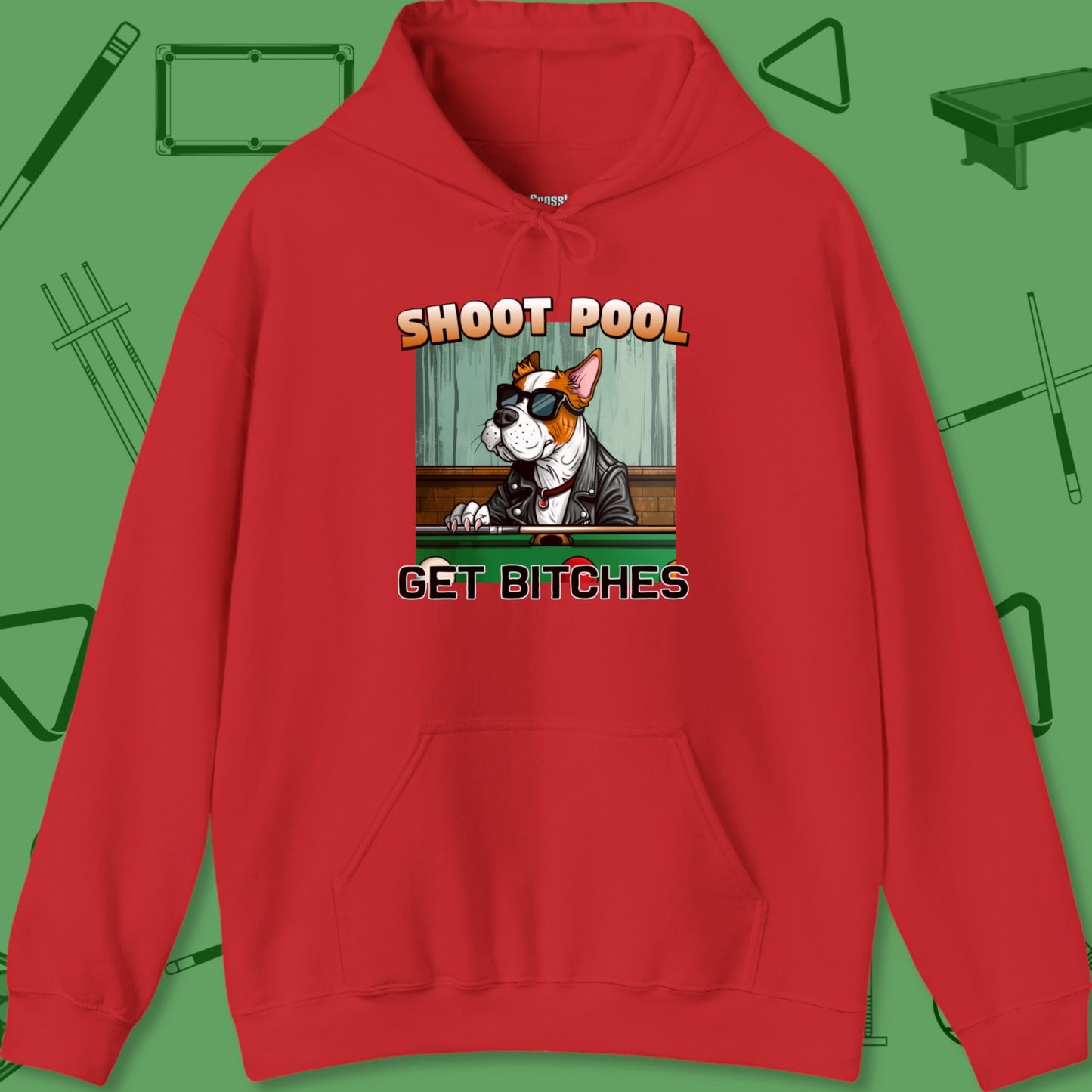 A Hoodie with billiards-themed design from Crossbank Clothing