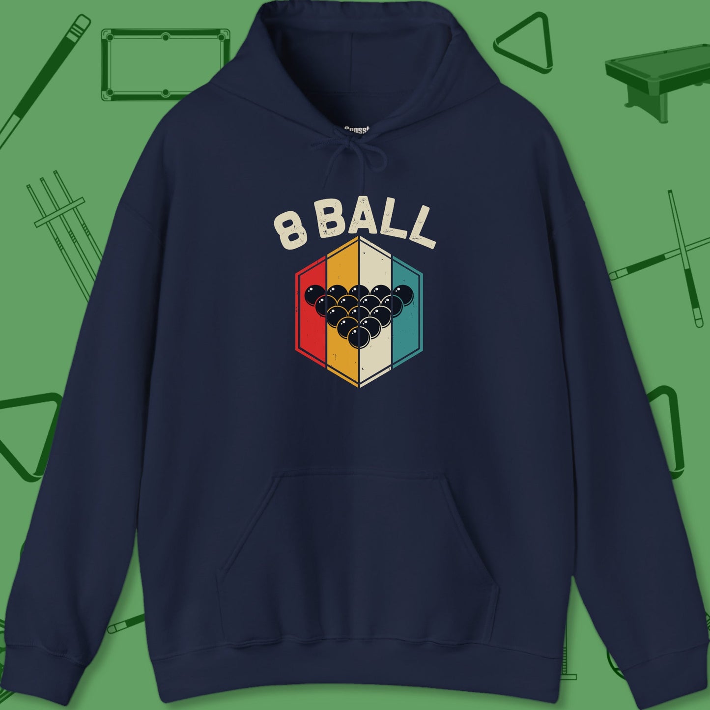 A Hoodie with billiards-themed design from Crossbank Clothing