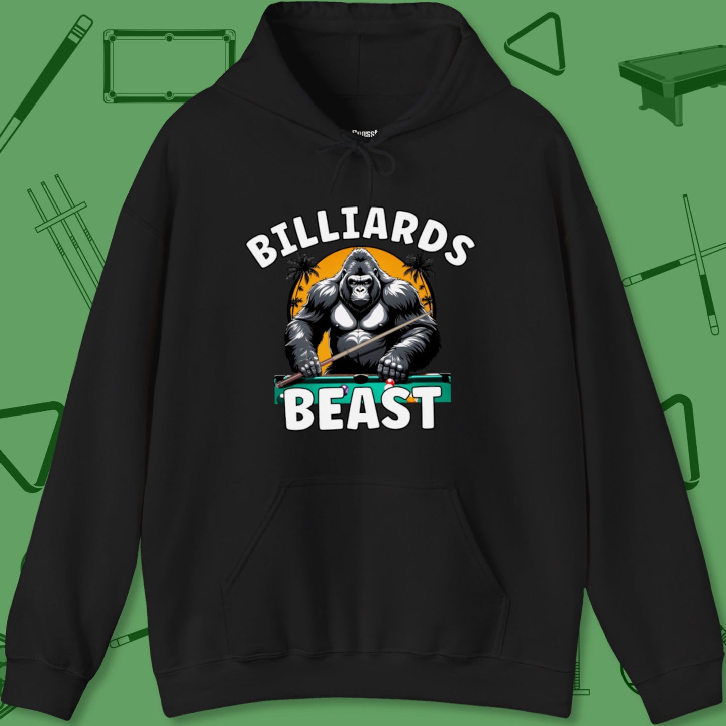 A Hoodie with billiards-themed design from Crossbank Clothing