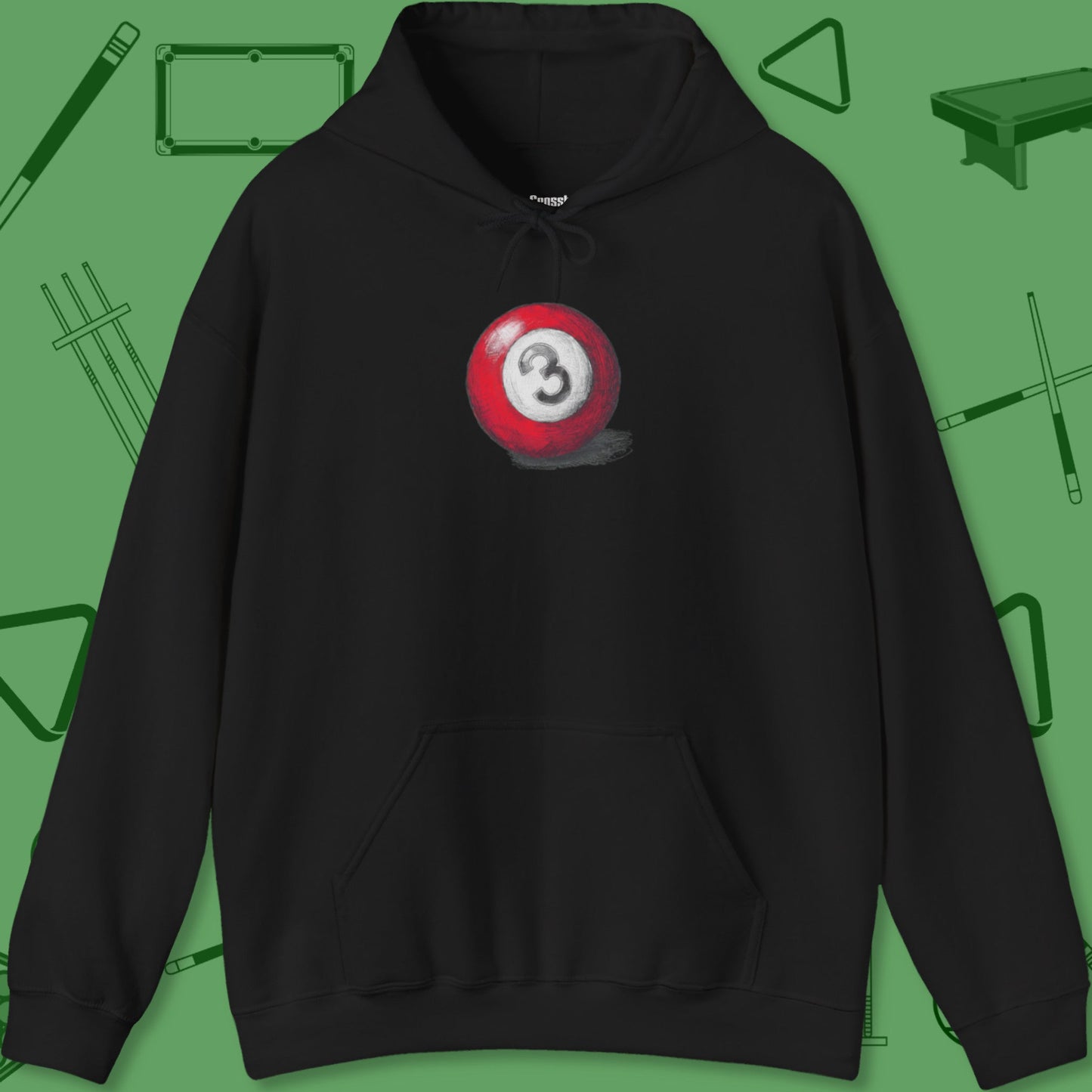 A Hoodie with billiards-themed design from Crossbank Clothing