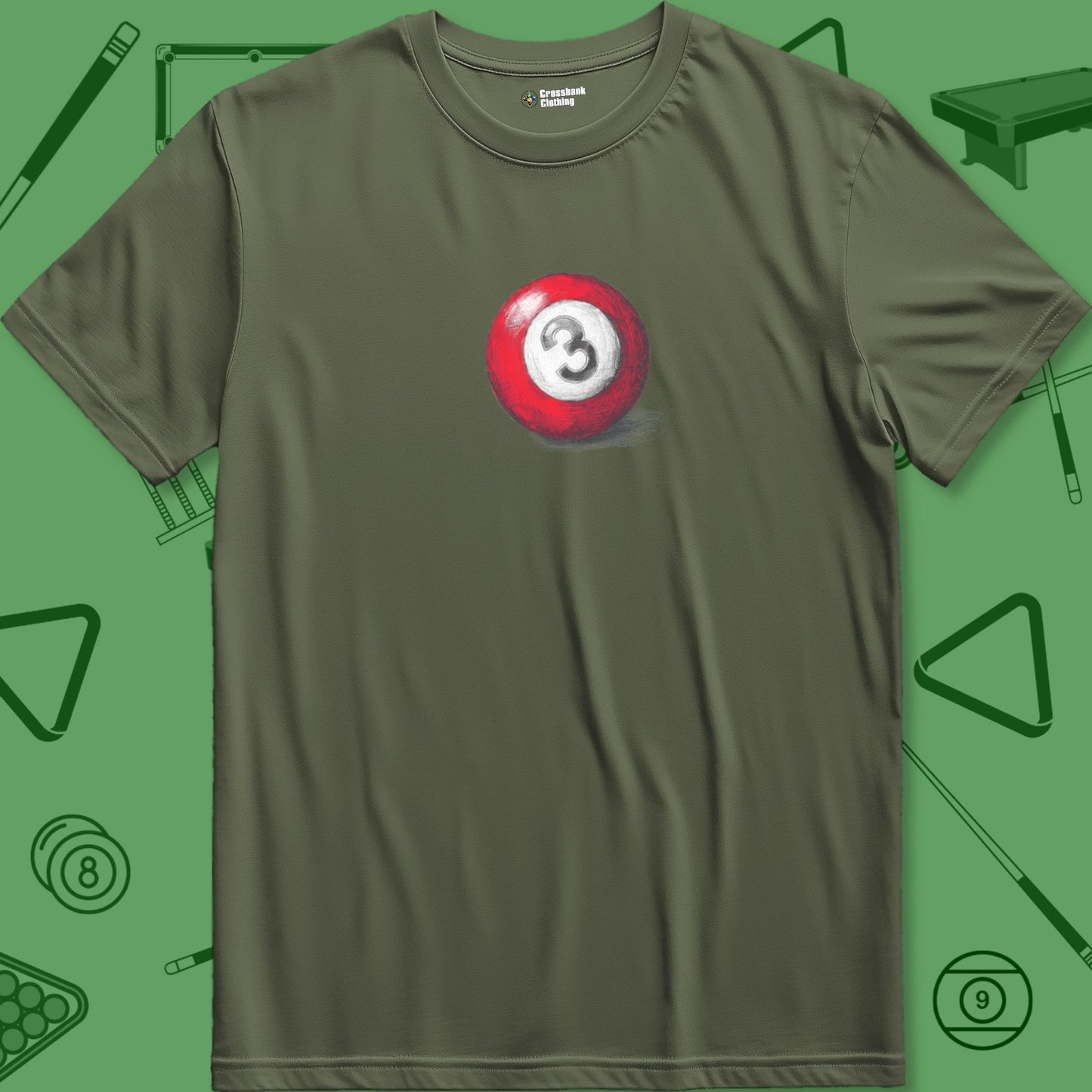 A T-Shirt with billiards-themed design from Crossbank Clothing