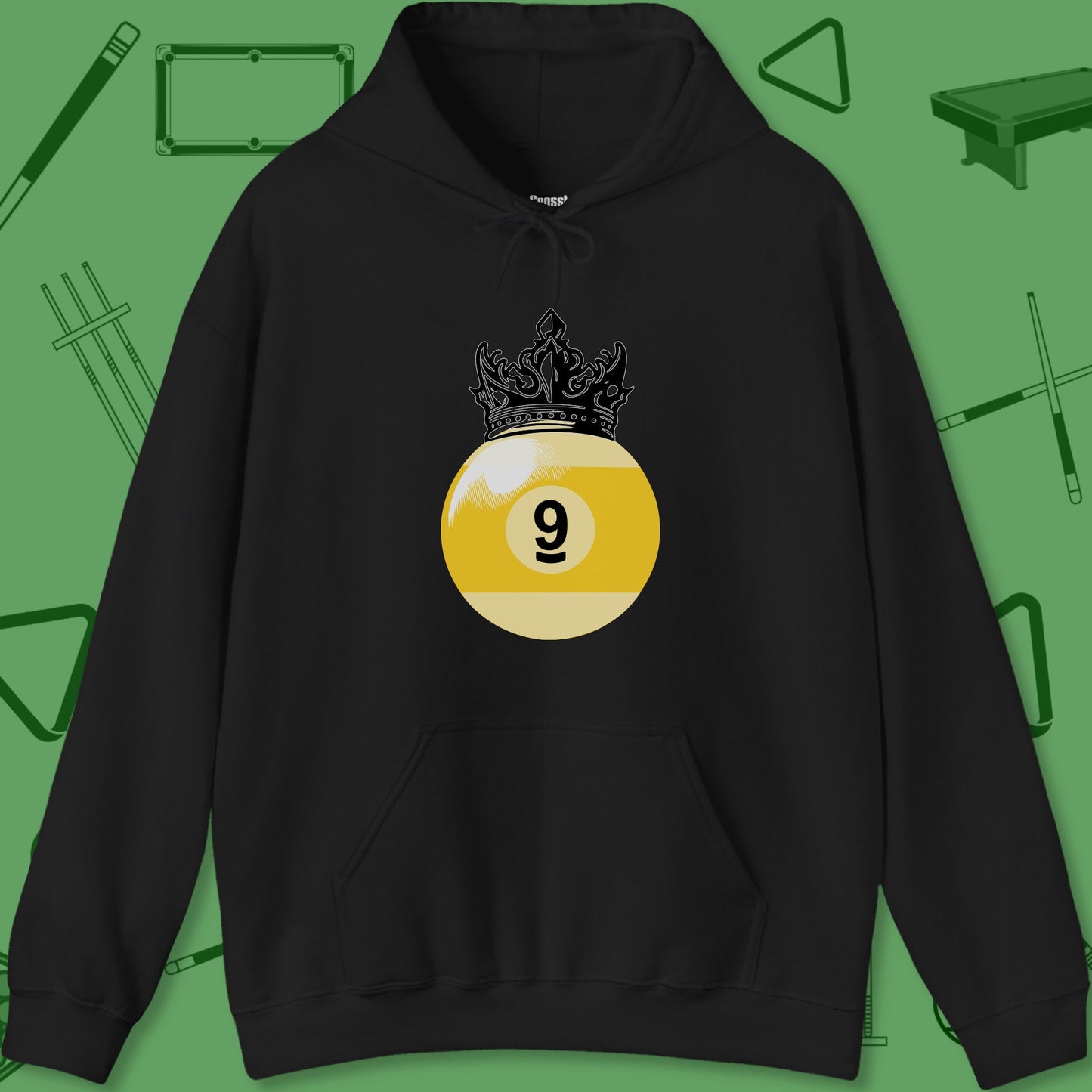 A Hoodie with billiards-themed design from Crossbank Clothing