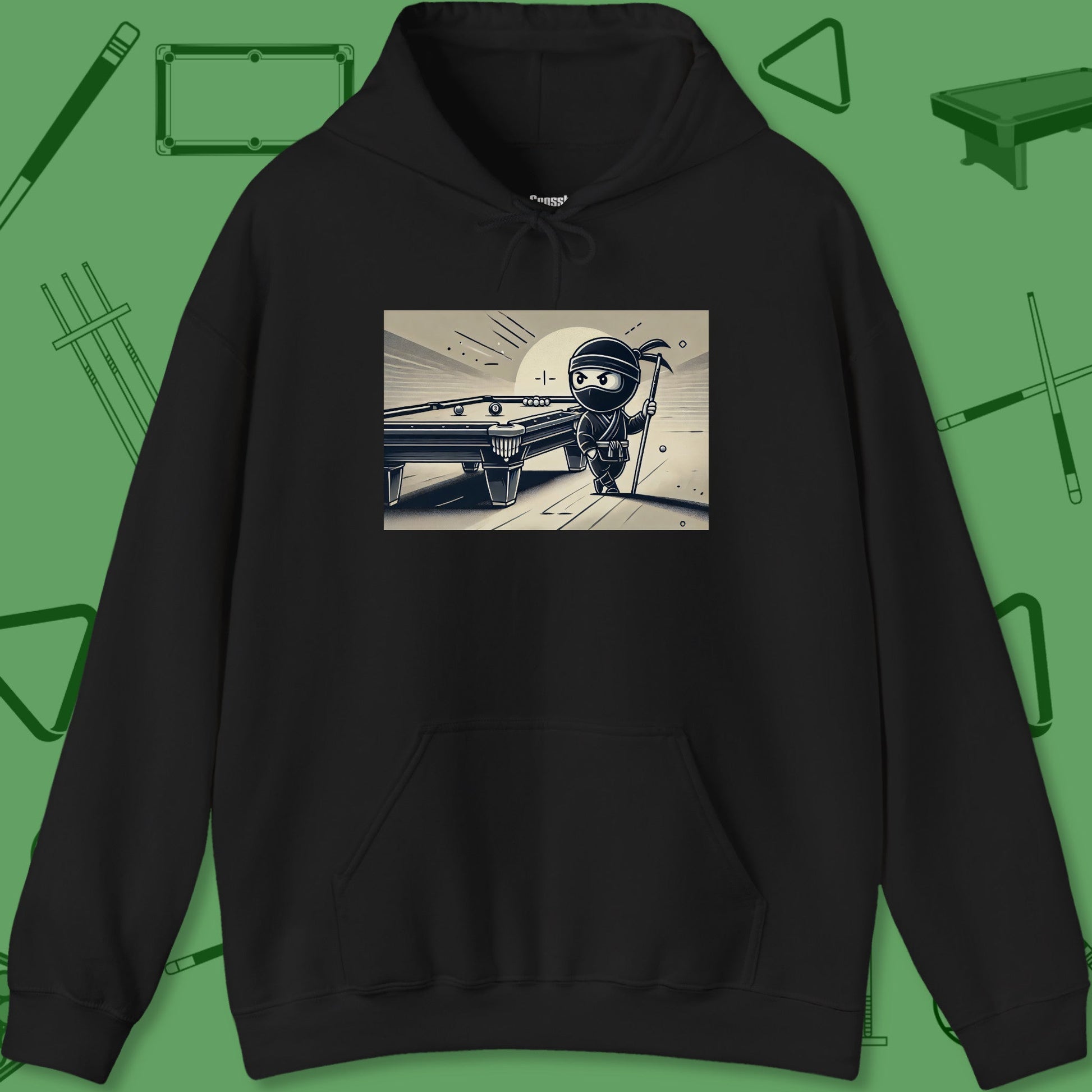 A Hoodie with billiards-themed design from Crossbank Clothing