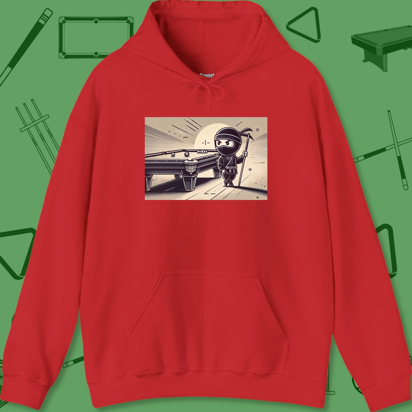 A Hoodie with billiards-themed design from Crossbank Clothing