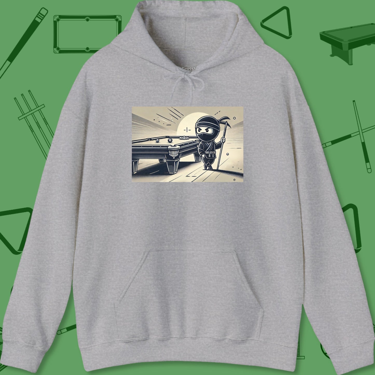 A Hoodie with billiards-themed design from Crossbank Clothing