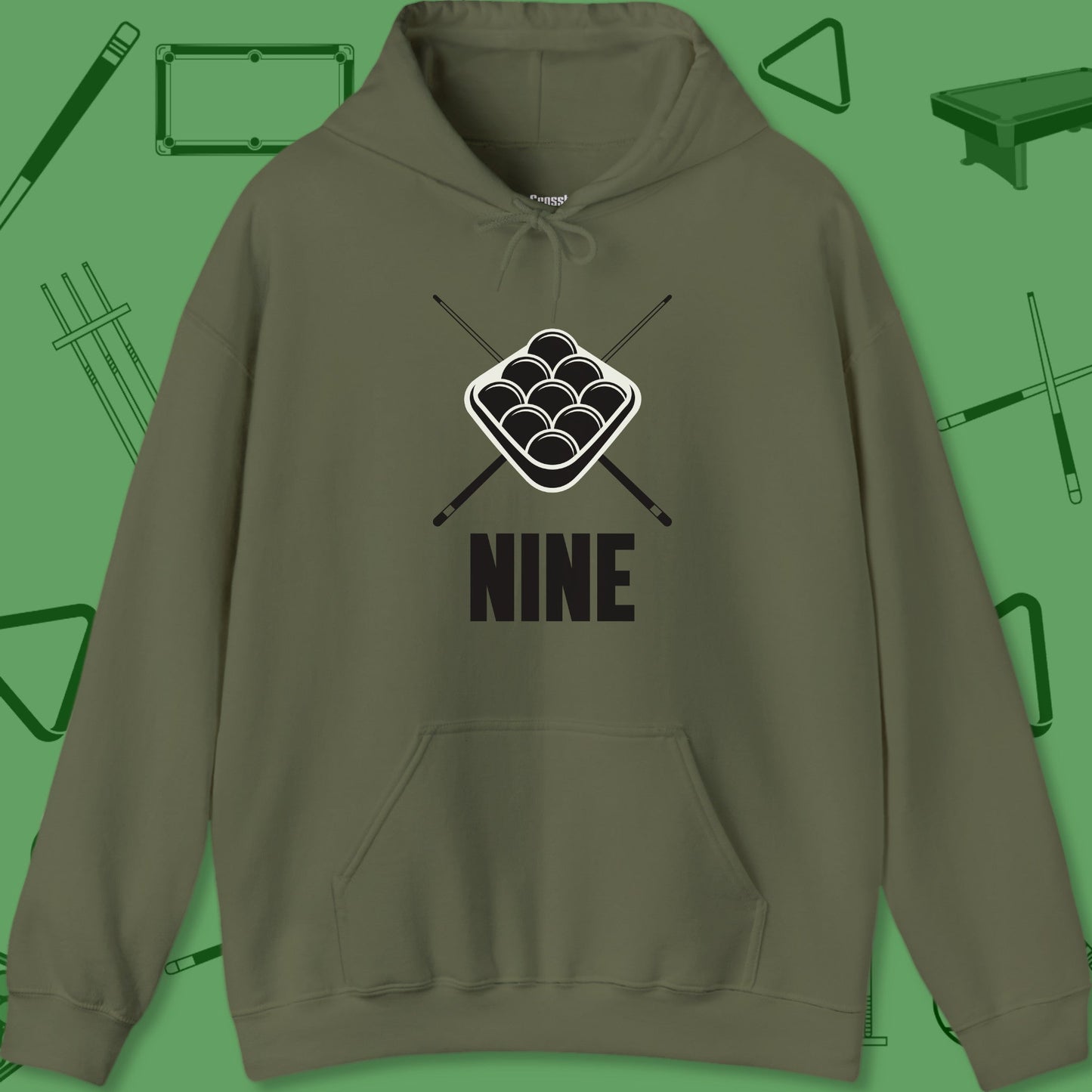 A Hoodie with billiards-themed design from Crossbank Clothing