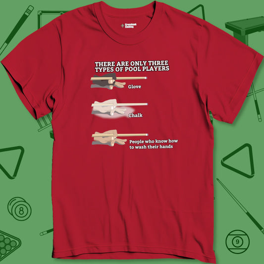 A T-Shirt titled "Three Types of Pool Player T-Shirt - Funny Billiards Truth | 7 Colors" from Crossbank Clothing