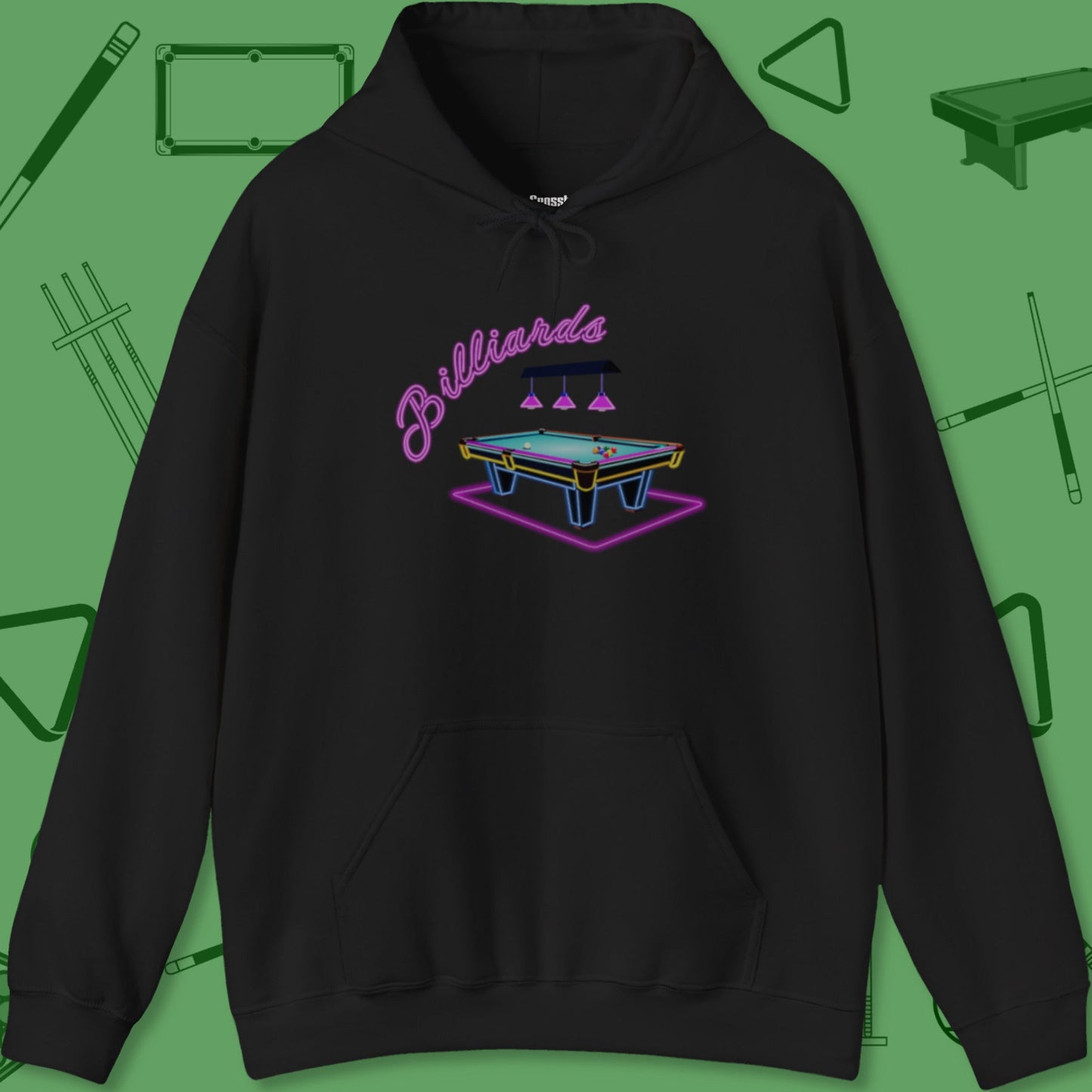 A Hoodie with billiards-themed design from Crossbank Clothing