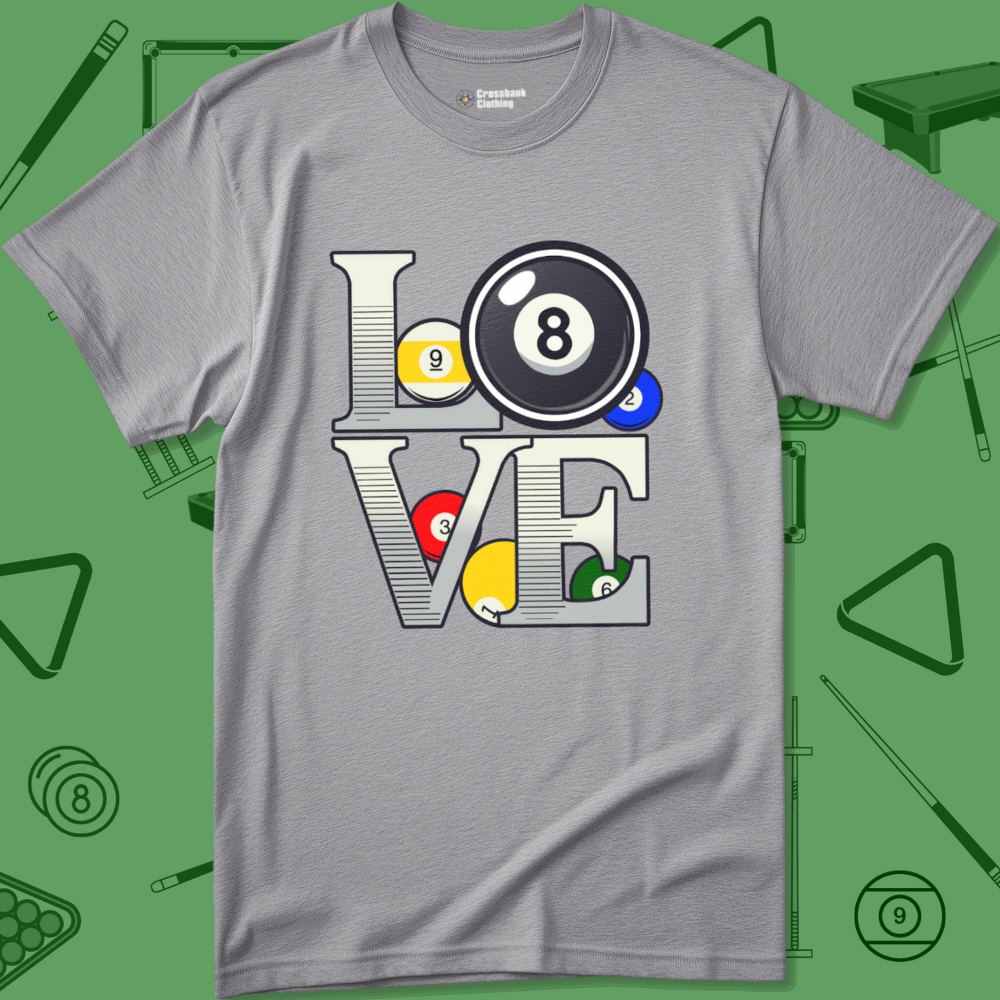 A T-Shirt with billiards-themed design from Crossbank Clothing