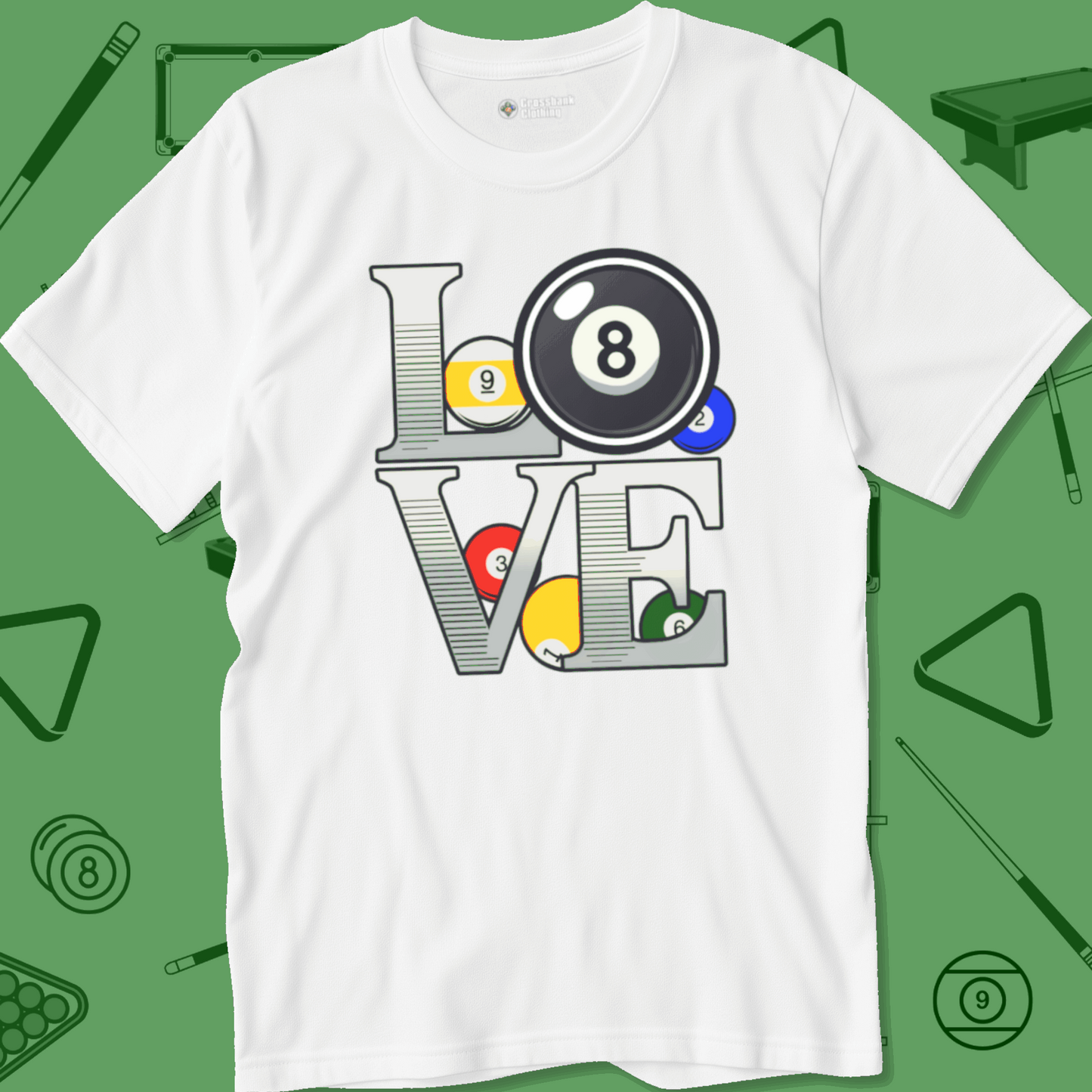 A T-Shirt with billiards-themed design from Crossbank Clothing