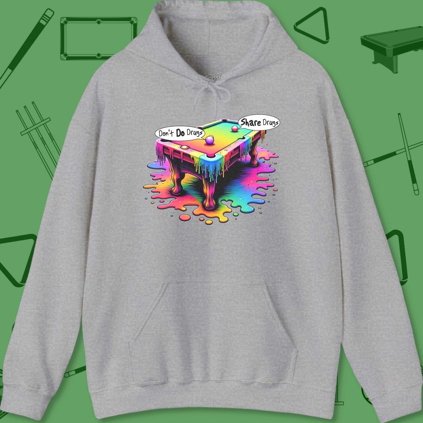 A Hoodie titled "Don't Do Drugs Pool Table Hoodie - Psychedelic Pool | 7 Colors" from Crossbank Clothing
